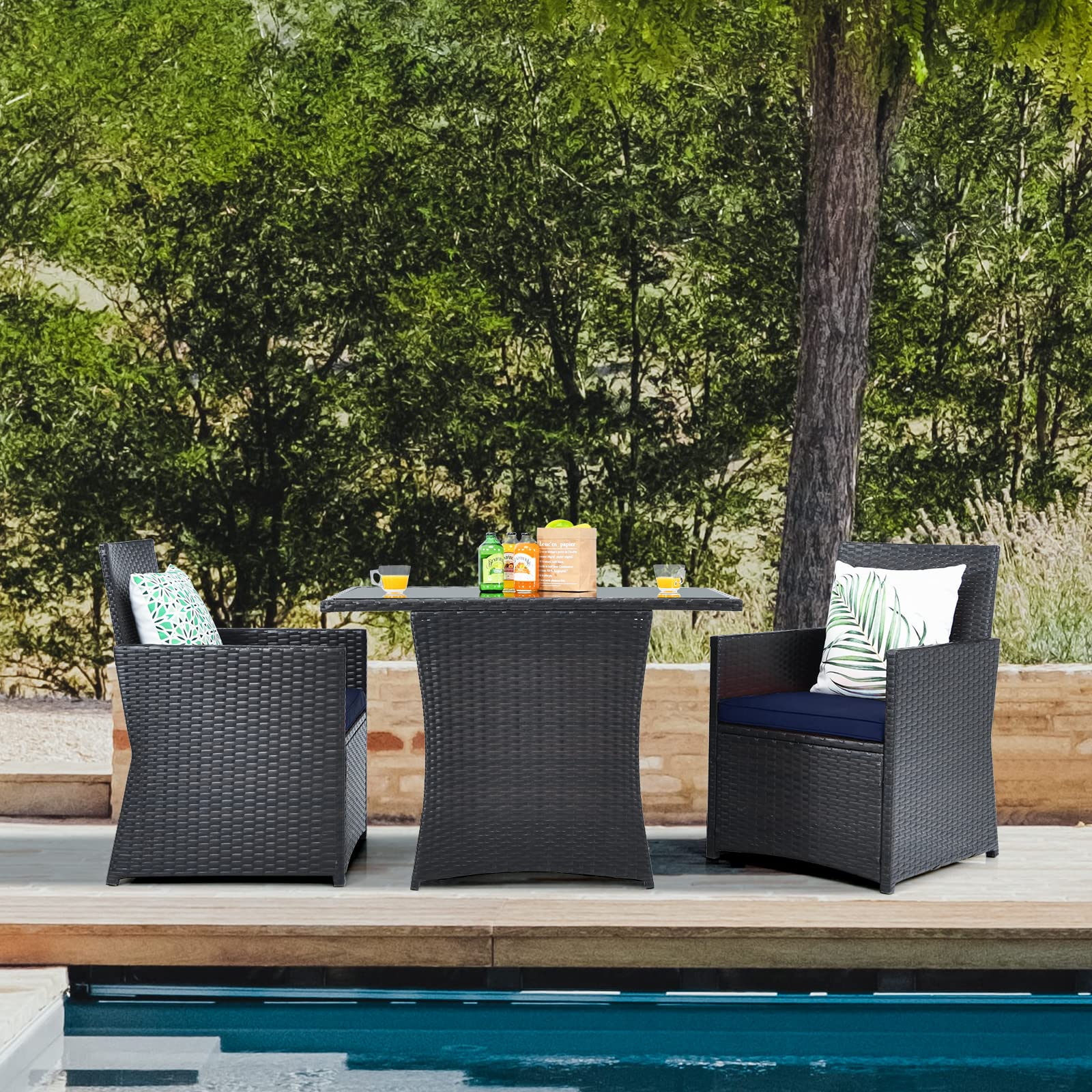 HAPPYGRILL 3-Piece Outdoor PE Rattan Bistro Set with Cushioned Chairs - Patio Dining Table and Conversation Set for Backyard, Porch, Garden, Poolside - Perfect for Al Fresco Dining, Relaxing, and Outdoor Entertaining