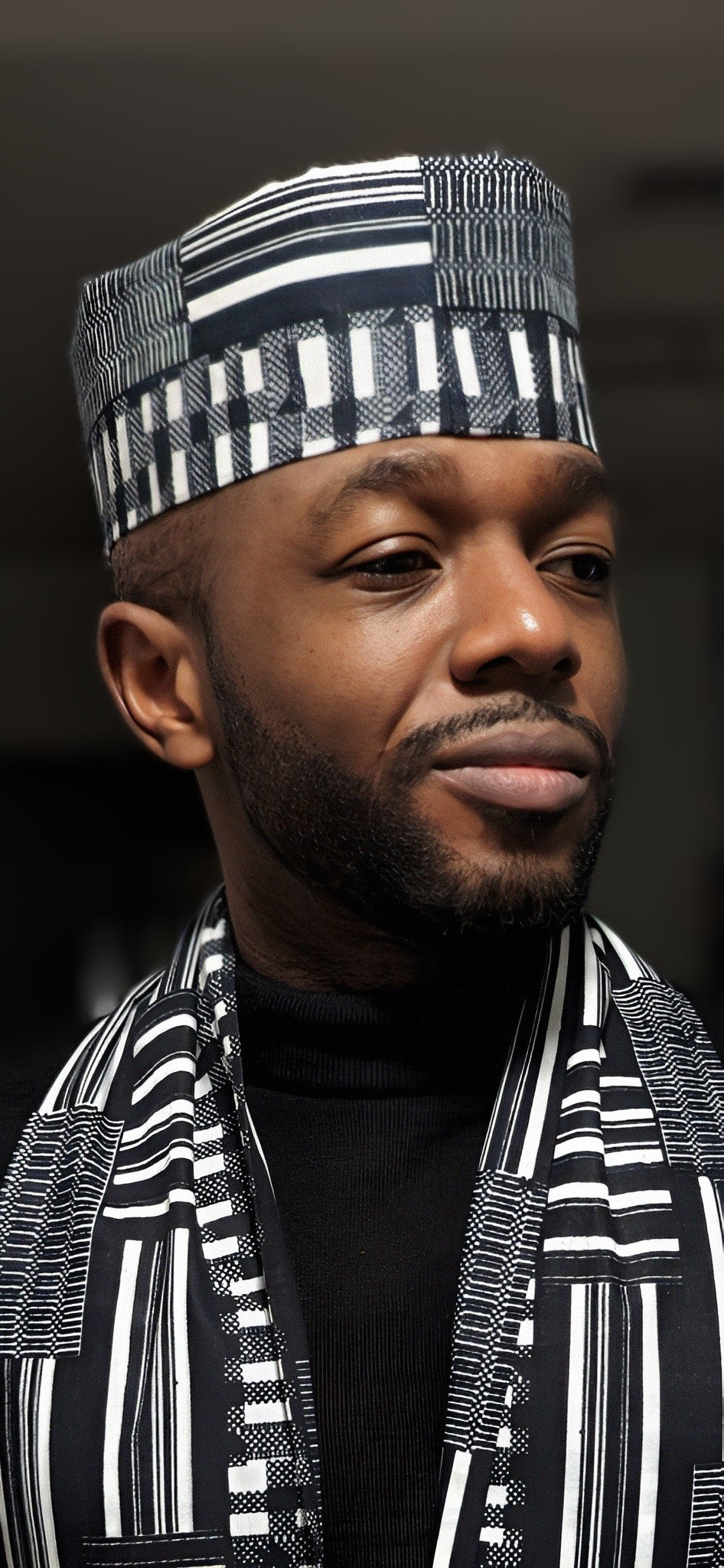 Authentic Black and White African Print Kwaame Royal Kente Kufi Hat - Traditional Ghanaian Headwear for Men - Perfect for Weddings, Cultural Events & African Celebrations