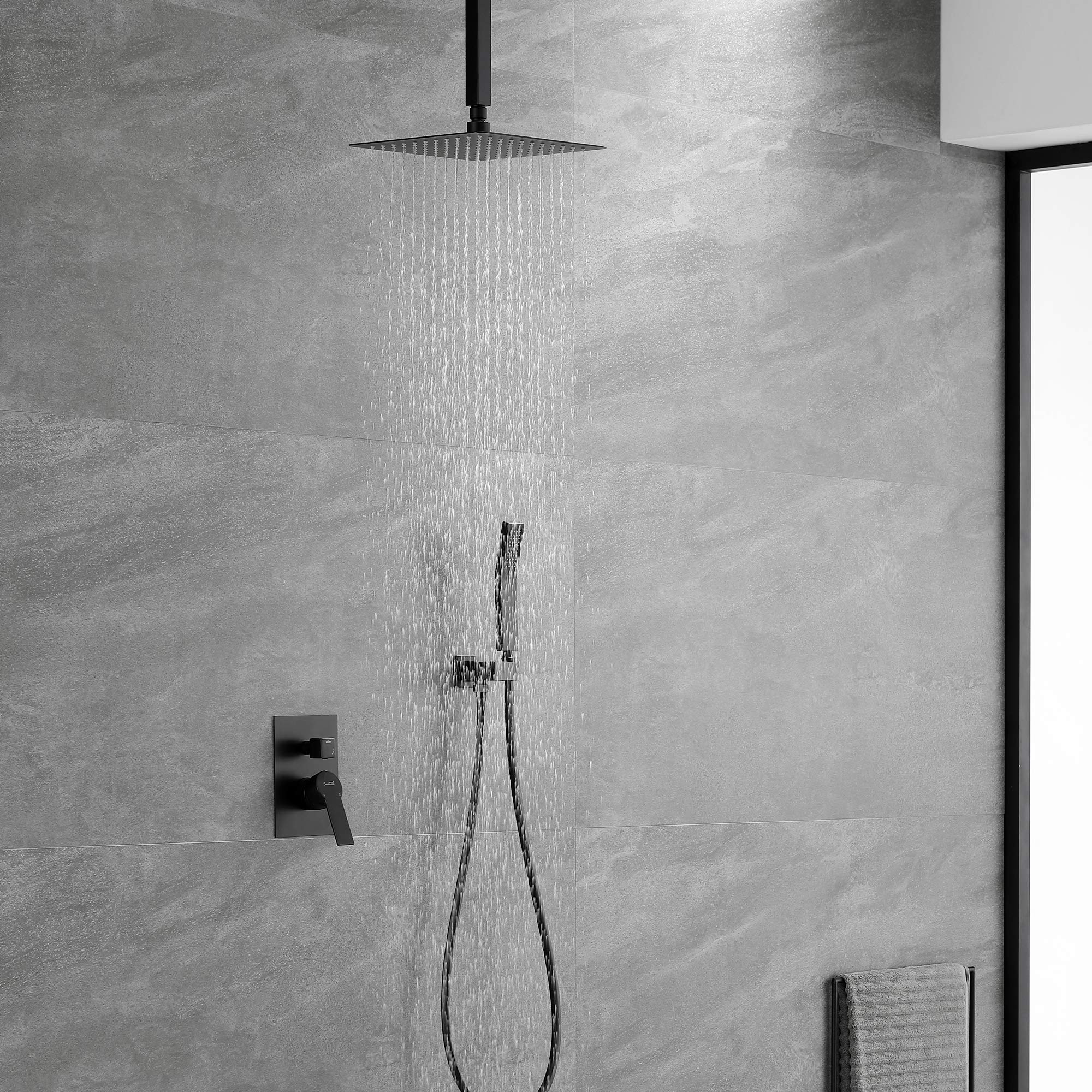 Luxury Matte Black Ceiling Mounted Rain Shower System - 12 Inch Rainfall Shower Head & Handheld Shower Combo with Rough-In Valve (Brass Construction) - Perfect for Modern Bathroom & Spa-Like Shower Experience