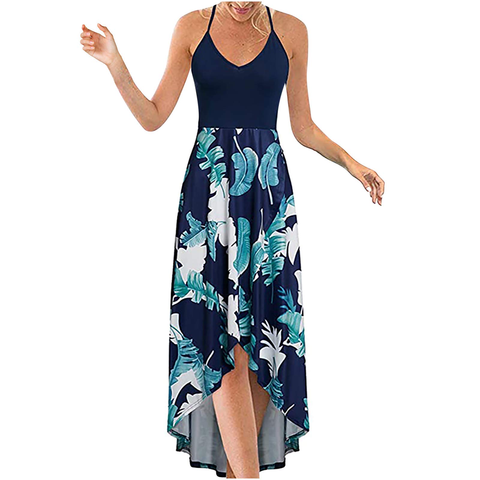 Women's Summer Floral Maxi Dress - V Neck Sleeveless Open Back Long Sundress with Asymmetrical Hem | Perfect for Beach Vacations, Date Nights & Summer Parties