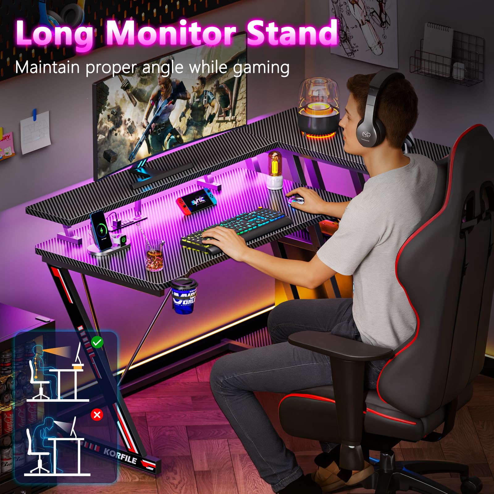 47 Inch Gaming Desk with Power Outlet & LED Lights - Ergonomic Corner Computer Desk with 3-Tier Storage Shelves & Monitor Stand - Carbon Fiber Black Home Office Desk for Small Spaces | Perfect for Gaming Setup, Workstation & Compact Home Offices