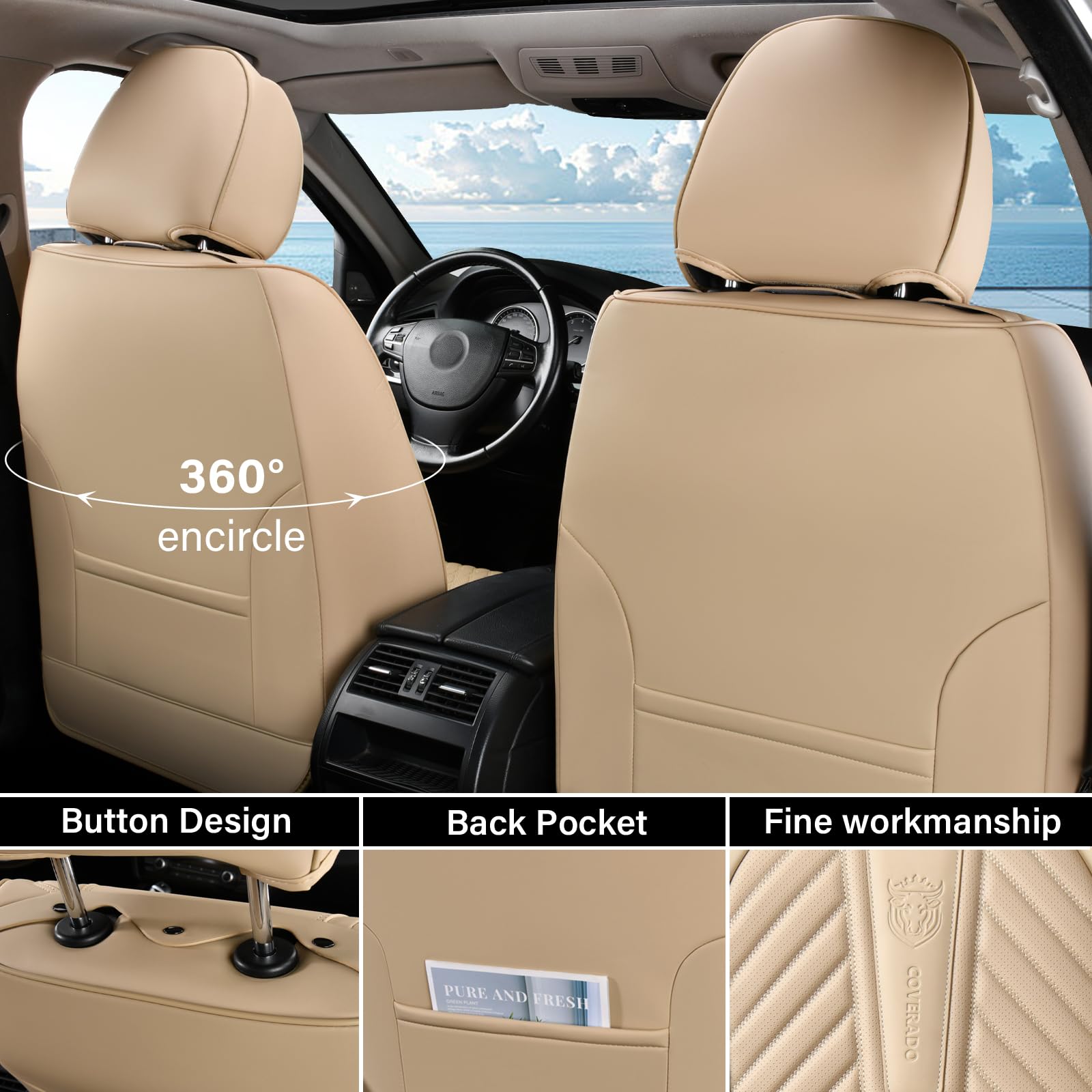 Premium Waterproof Leather Car Seat Covers - Universal Fit for Most Vehicles (Beige) | Front Seat Protectors for Cars, SUVs & Trucks | Durable & Easy to Clean for Daily Commute, Road Trips & Pet Protection