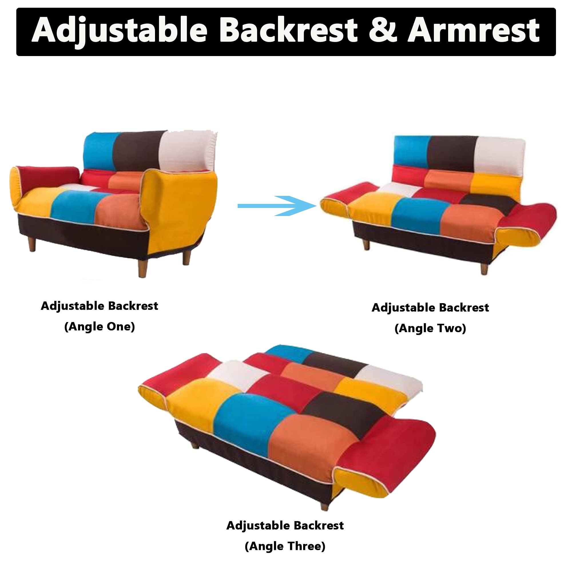 Convertible Futon Sofa Bed with 2 Pillows - Loveseat Sleeper Sofa for Small Spaces, Multi-Functional Recliner Couch with Adjustable Armrests & Wooden Legs, 3-Position Backrest - Perfect for Apartments, Dorms, Guest Rooms & Home Offices (Colorful)