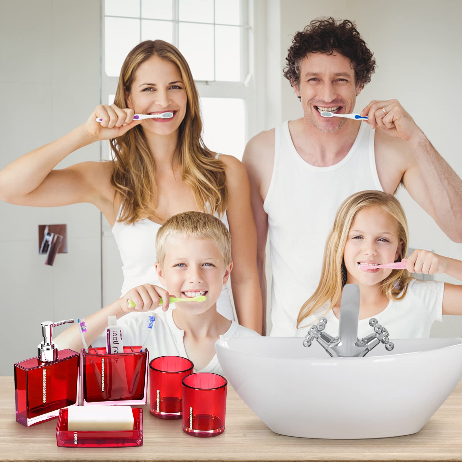 5-Piece Acrylic Bathroom Accessory Set - Toothbrush Holder, Cup, Soap Dispenser, Toilet Brush & Trash Can - Modern Bathroom Decor for Home & Hotel Use