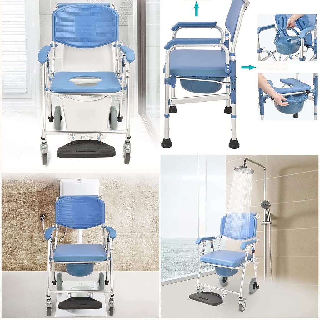 Foldable Commode Shower Chair - Portable Bedside Toilet Seat with Anti-Slip Wheels & Adjustable Footrest - 330 lbs Weight Capacity - Ideal for Elderly Care, Post-Surgery Recovery & Home Healthcare Use