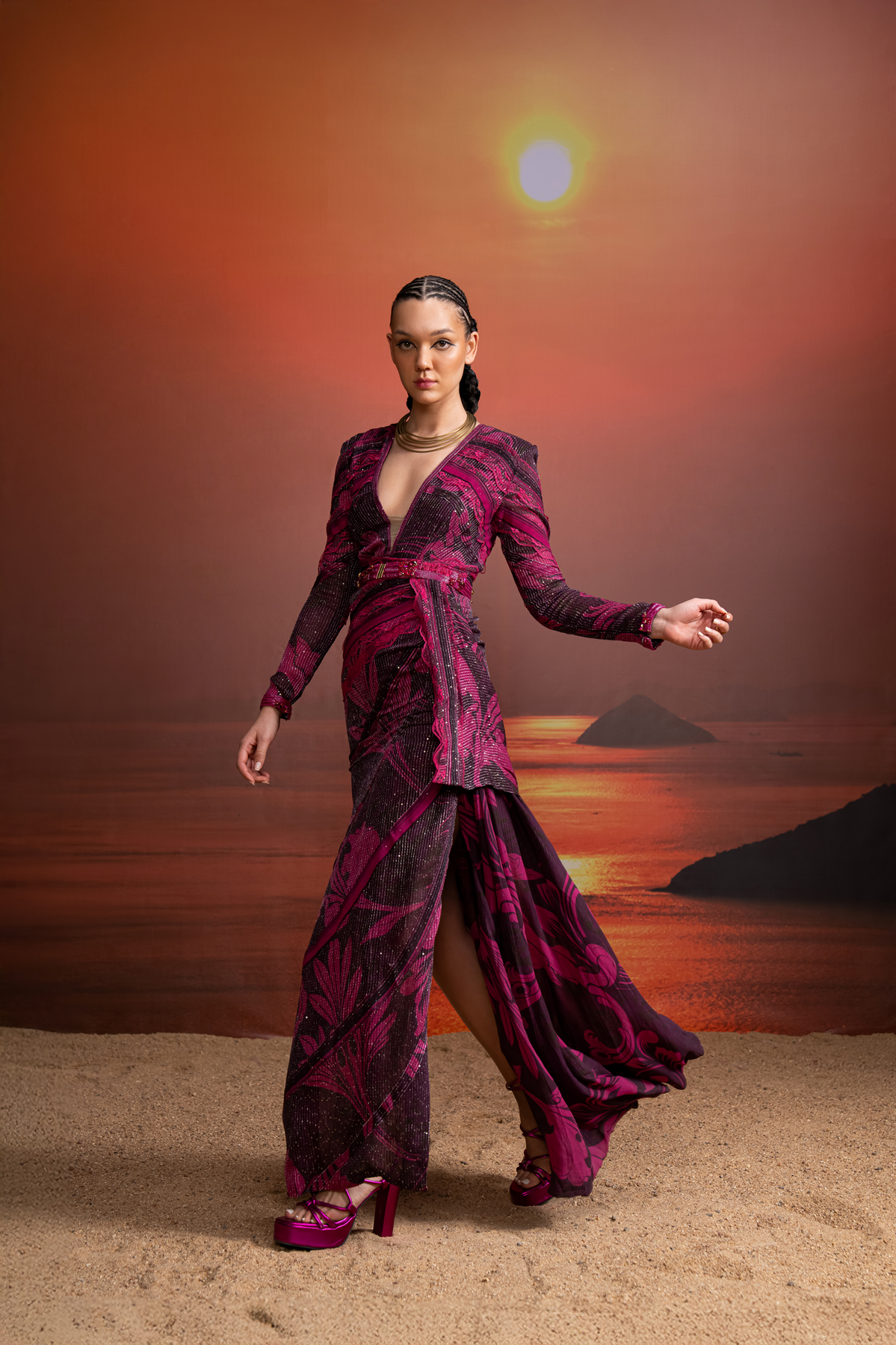 Fuchsia Swirl Printed Chantilly Lace Detailed Draped Dress for Women - Elegant Evening Gown for Parties, Weddings & Special Occasions