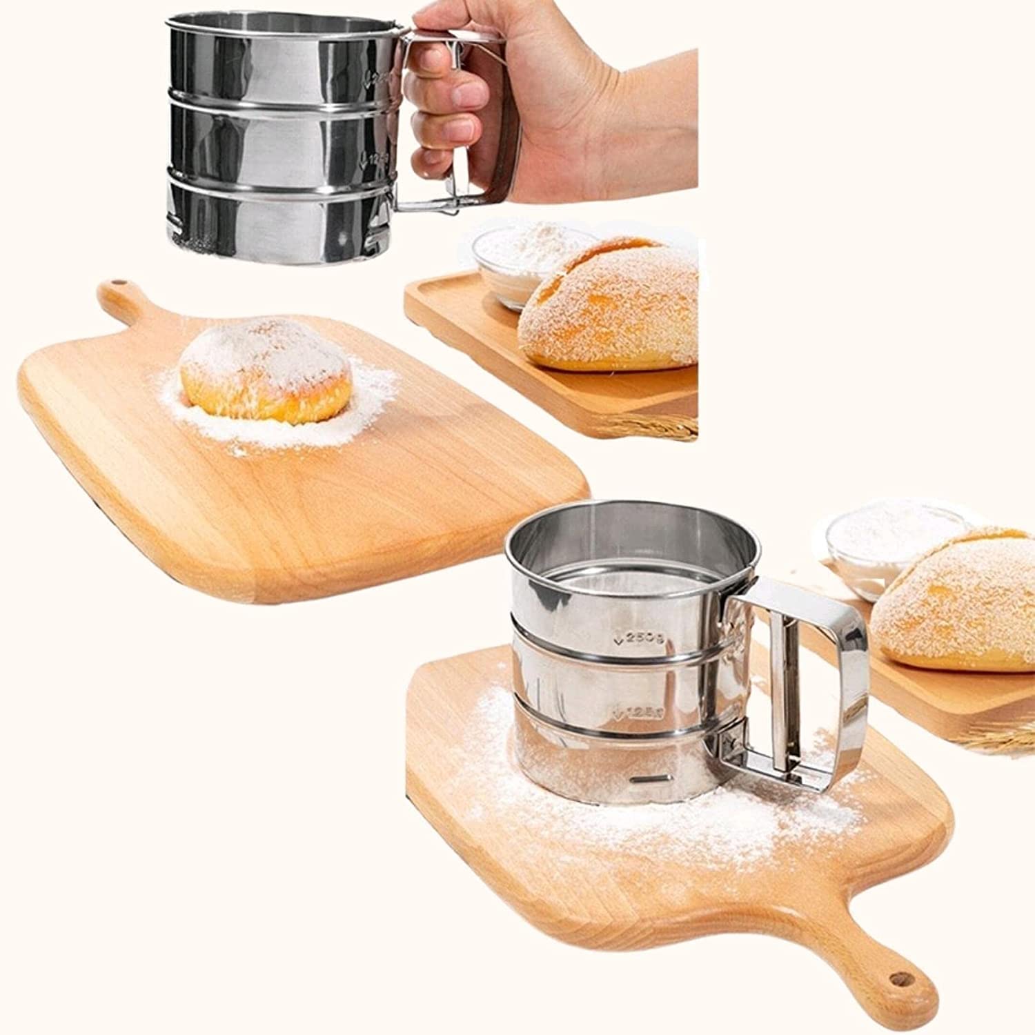 Premium Stainless Steel Mesh Flour Sifter - Mechanical Baking Sugar Shaker Sieve with Handle - Perfect for Baking, Cake Decorating & Kitchen Use