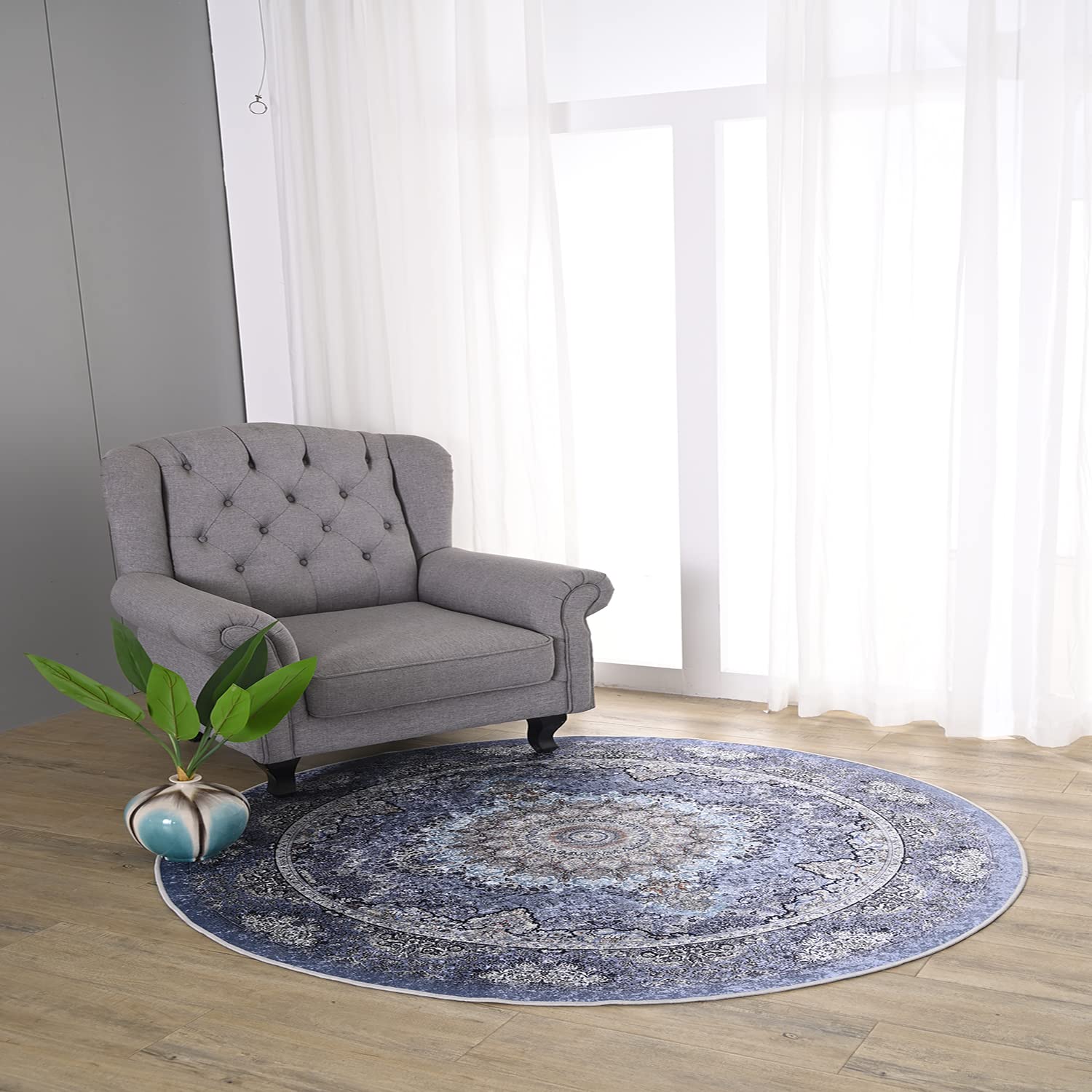 2.6 Ft Round Non-Slip Boho Area Rug - Washable Living Room Rug for Bedroom, Entryway & Indoor Spaces - Perfect for Home Decor, Yoga Space and Cozy Reading Nook