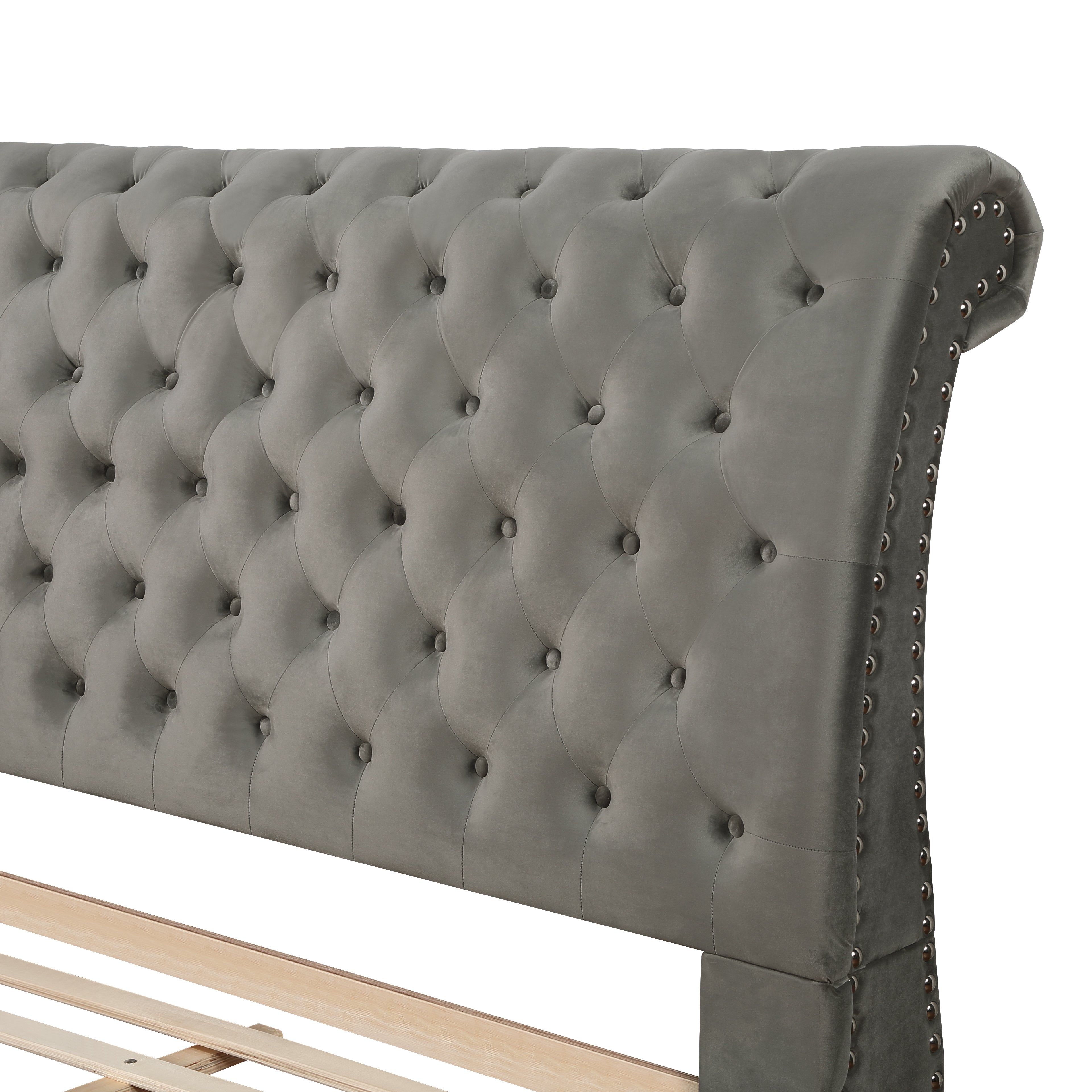Roundhill Furniture Cerderia Velvet Upholstered Button Tufted Nailhead Trim Sleigh Bed Frame - Queen Size Gray Velvet Bed for Luxurious Bedroom Decor | Perfect for Master Bedrooms, Guest Rooms & Cozy Home Retreats