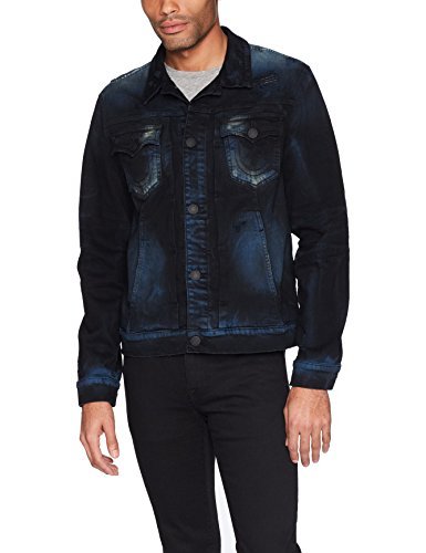 True Religion Men's Dylan Denim Jacket - Classic Distressed Denim Trucker Jacket with Button Front & Faux Leather Sleeves | Casual Wear, Street Style & Outdoor Activities