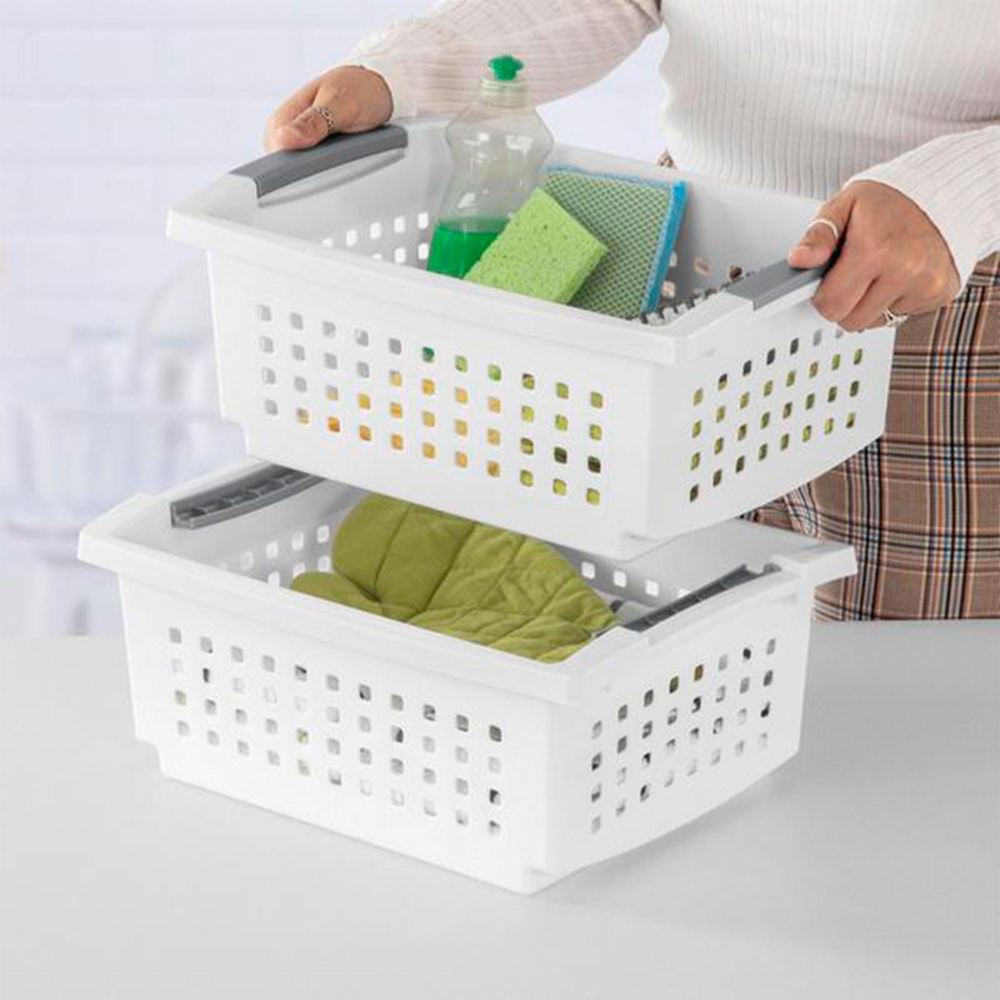 Sterilite Medium White Stackable Storage Bins with Flip-Down Accent Rails - 20 Pack for Home, Office, and Closet Organization