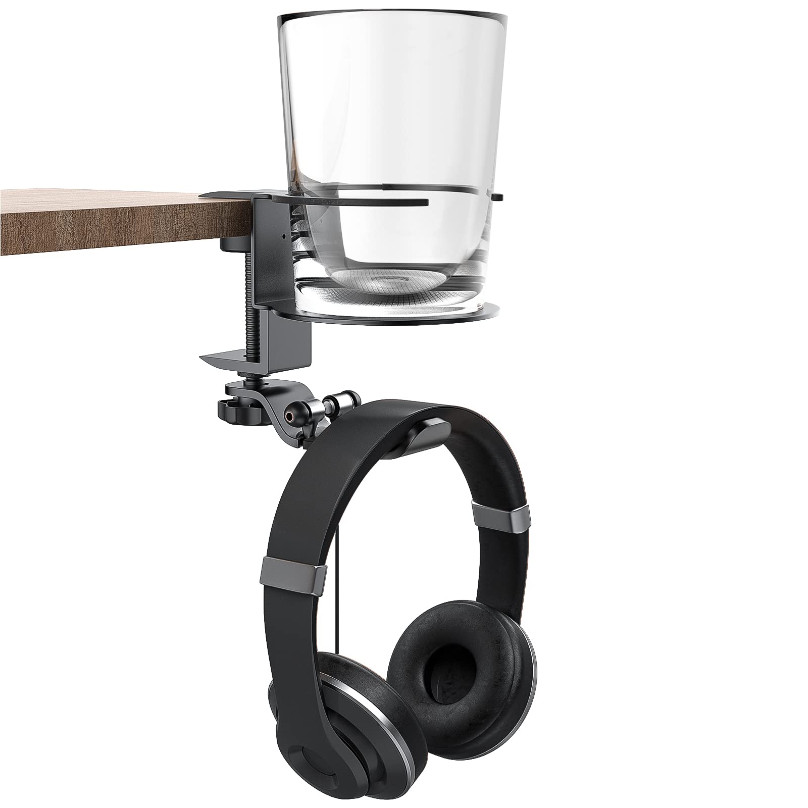 TiMOVO 2-in-1 Gaming Headset Stand with 8.5cm Cup Holder & 360° Rotating Arm - Under Desk Headphone Hanger Hook & Cable Organizer for PC, PS5, Xbox (Black) - Perfect for Gaming Setup, Home Office & Workstation Accessories