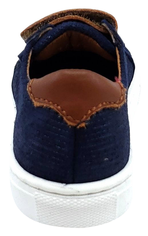 Boys' Atlanta Moccasin Leather Sneakers with Triple Hook & Loop Closure - Navy & Brown | Comfortable Casual Shoes for School, Play & Everyday Wear