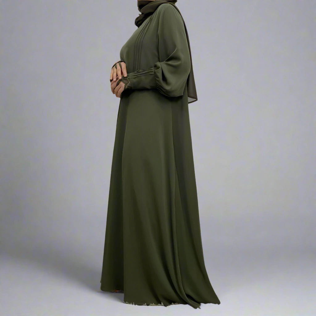 Elegant Front Zipper Lace Sleeve Muslim Abaya Dress for Women - Modest Islamic Prayer Dress for Mosque, Eid & Special Occasions