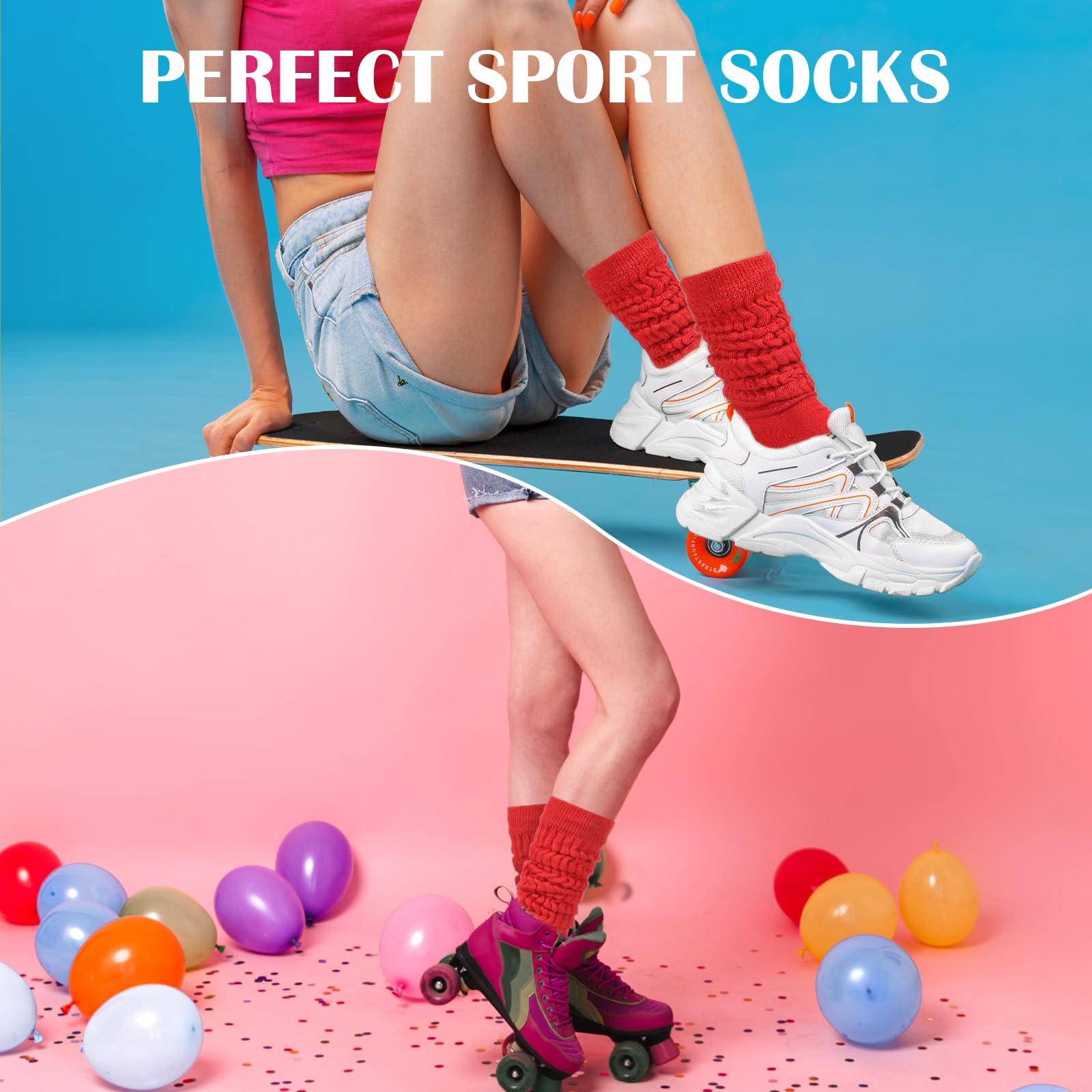 Women's Knee High Red Slouch Socks - 80s 90s Retro Style Long Boot Socks for Girls & Women | Perfect for Vintage Outfits, Costume Parties & Winter Layering