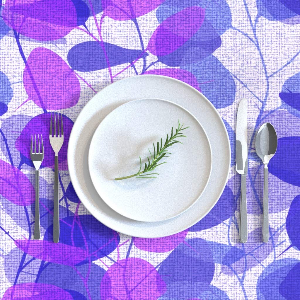 Custom Fall Day Blue Violet Leaves Branches Floral Print Cotton Sateen Tablecloth 70
