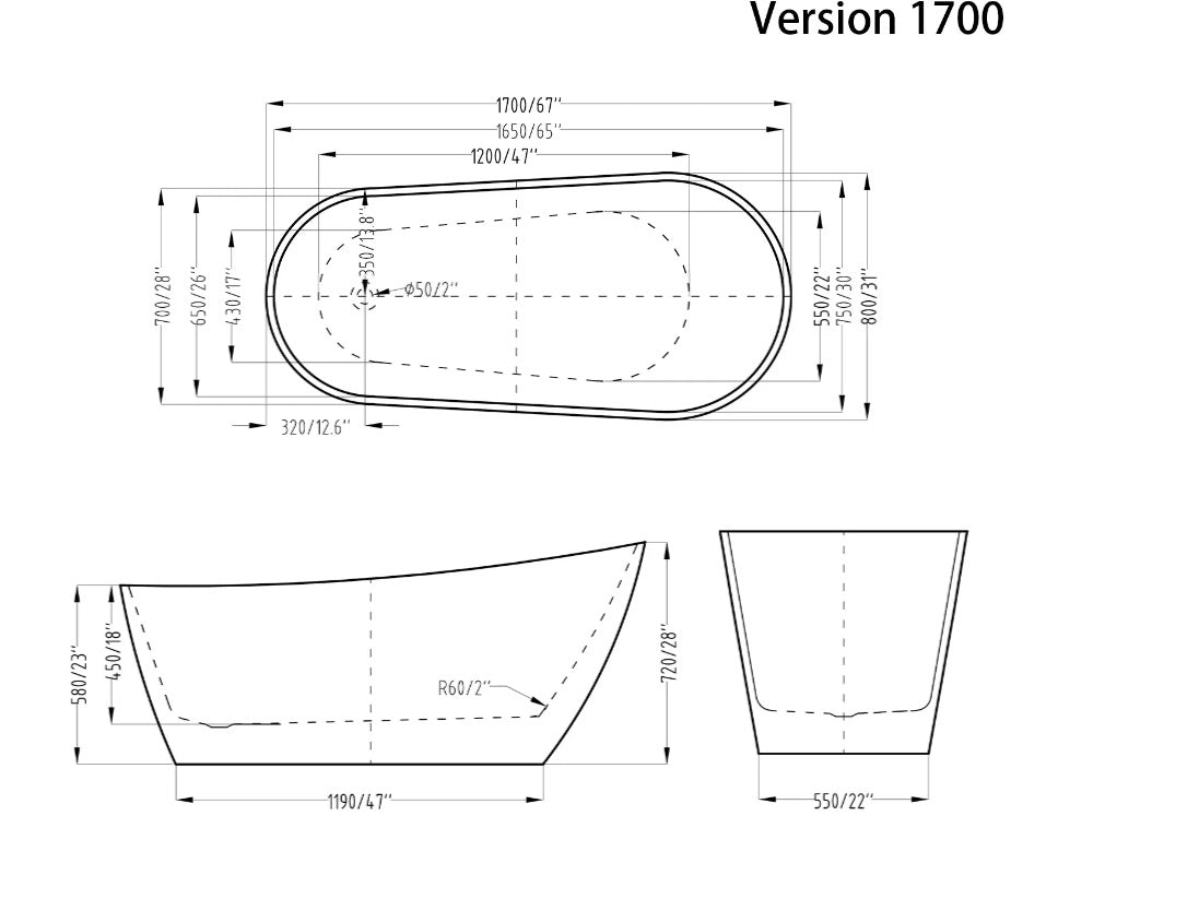 KODAEN BANANA1700 67-Inch Freestanding Acrylic Bathtub - Modern Composite Design for Luxury Bathroom | Perfect for Spa Relaxation & Master Suite Upgrade
