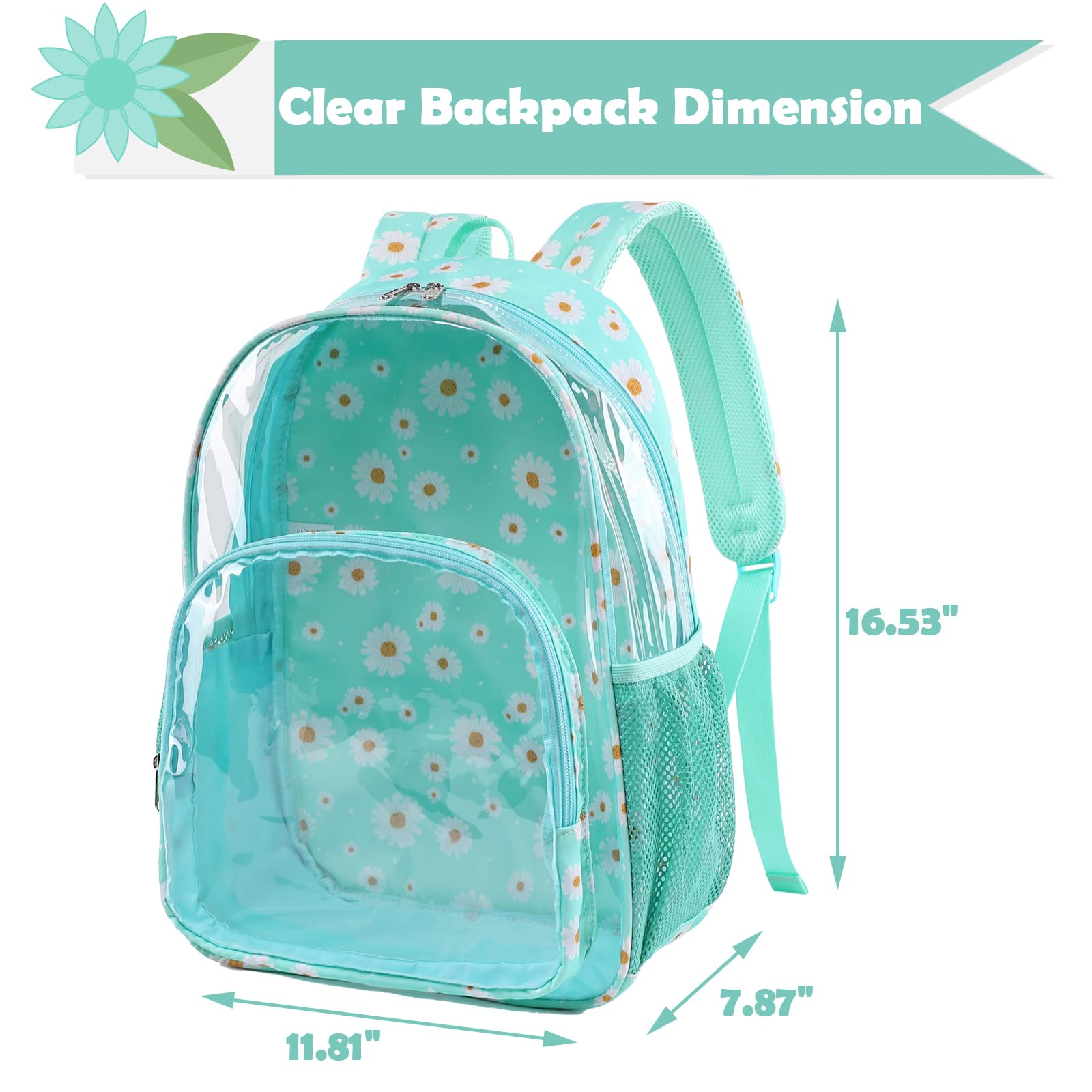Kimwadalh Heavy Duty Clear Backpack - Green Daisy TPU Transparent Backpack for Women & Girls, Large Capacity College Backpack for Work, Travel, Beach & Swimming | Perfect for School, Concerts, Stadium Events & Airport Security