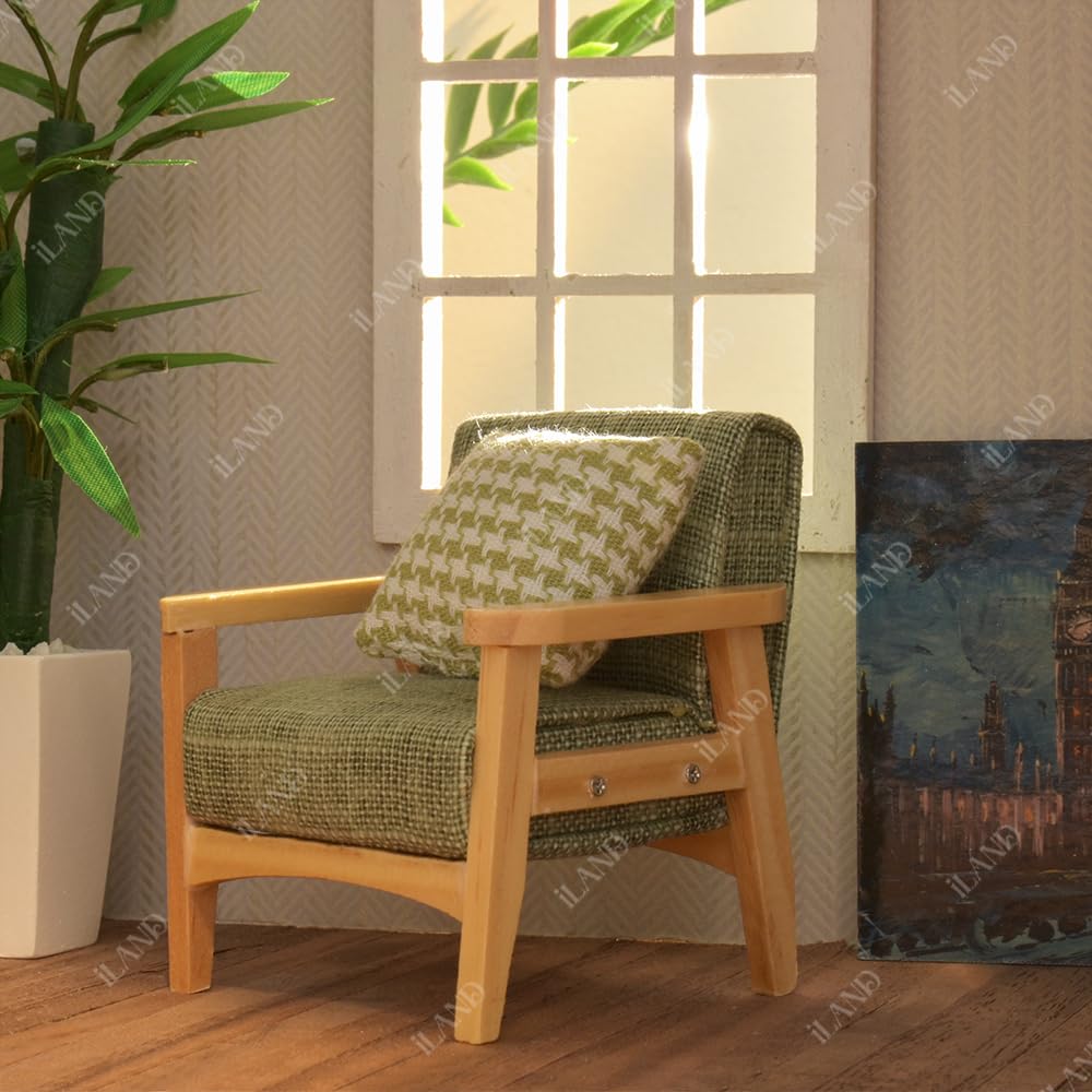 1/12 Scale Dollhouse Couch & Miniature Sofa Set with Houndstooth Cushions - Grey Green Doll Furniture for Living Room Decor | Perfect for DIY Dollhouse Projects & Collectible Displays
