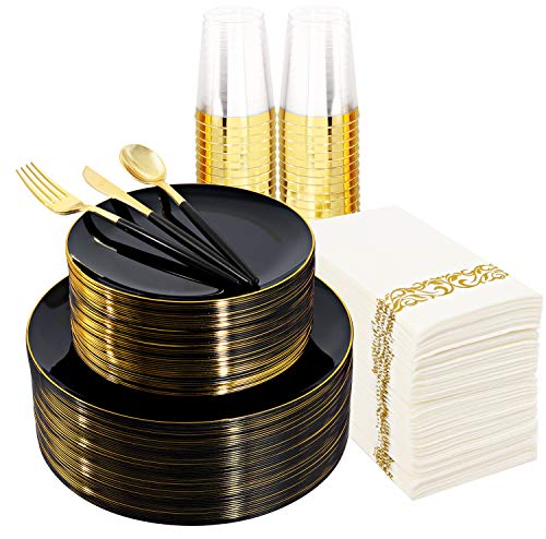 350pcs Black and Gold Plastic Dinnerware Set