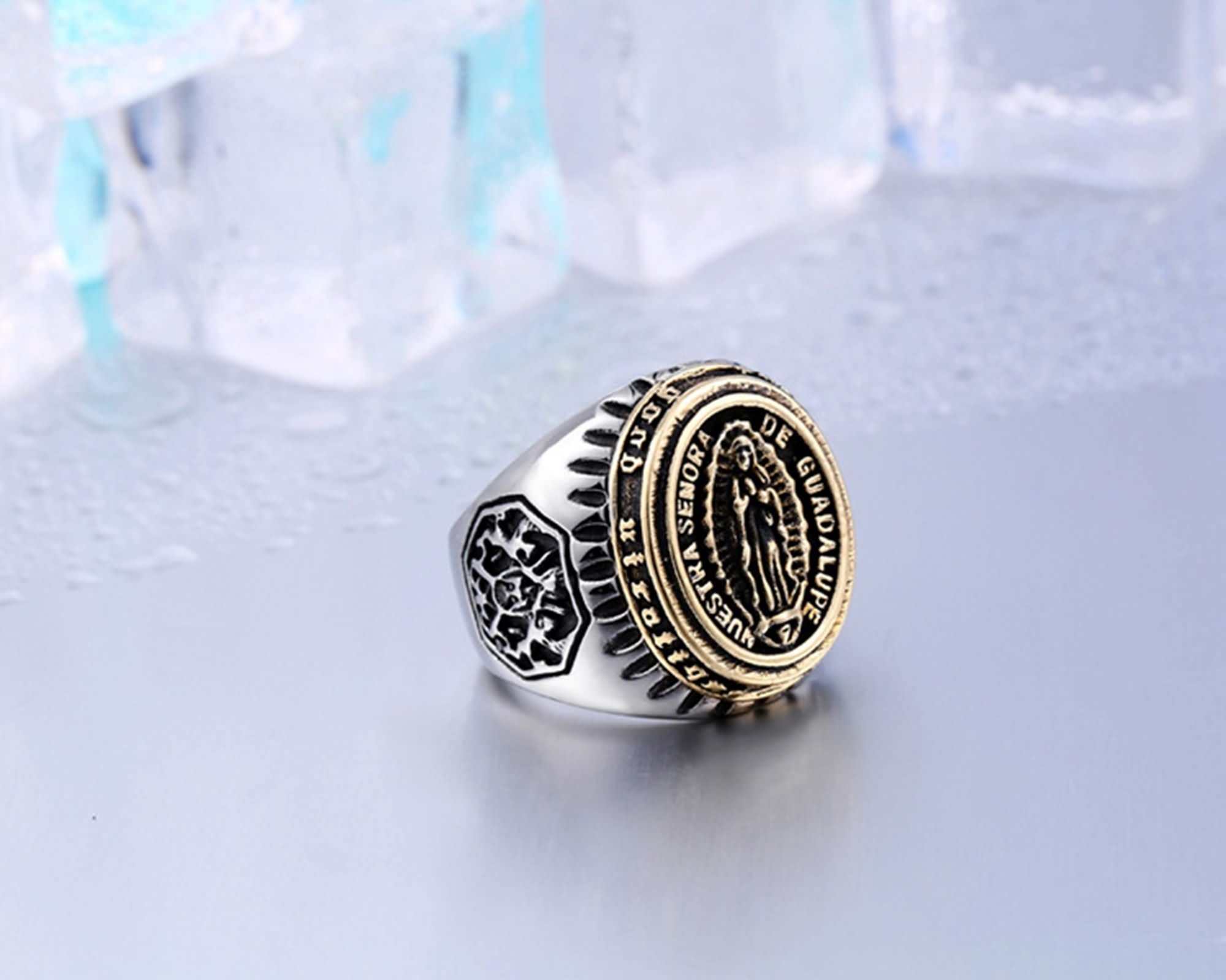 AueDsa Stainless Steel Men's Wedding Band Ring - Gold & Silver Virgin Mary Religious Ring - Size T 1/2 - Perfect for Engagement, Promise Rings & Religious Gifts