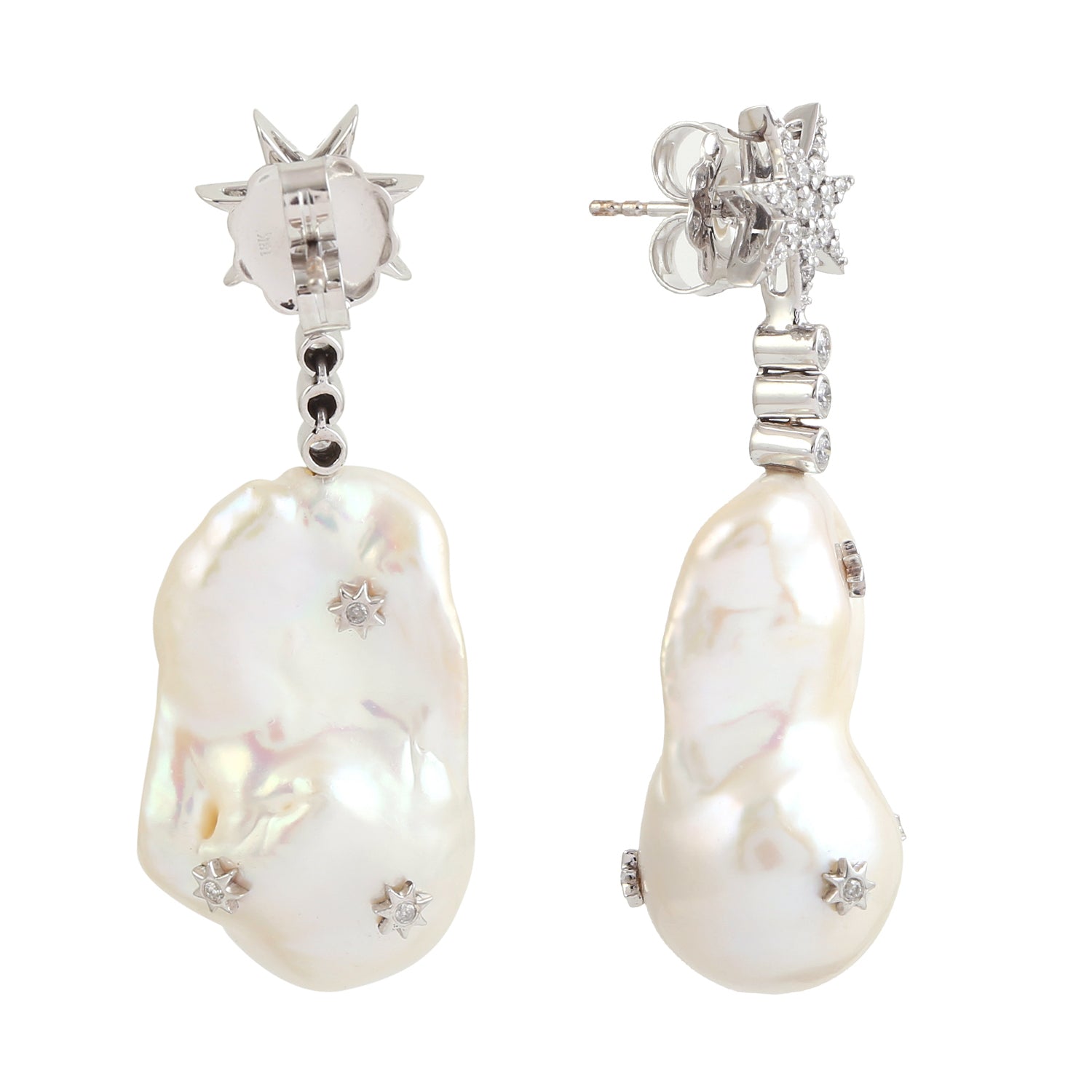 18K White Gold Pearl and Diamond Star Dangle Earrings – Elegant Pave Diamond Star Design with Uneven Pearls for Women, Perfect for Weddings, Parties and Special Occasions