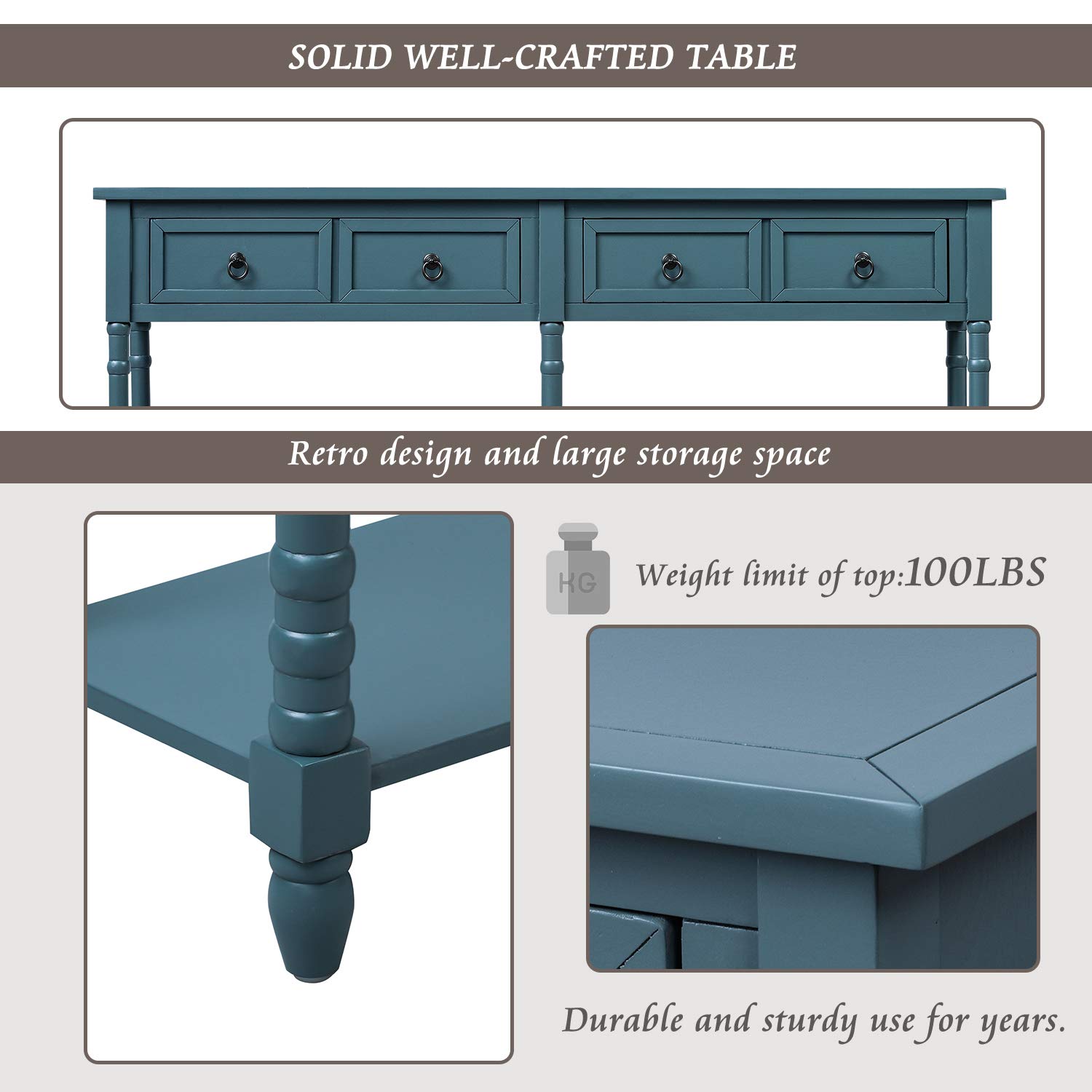 Polibi Rustic Entryway Console Table with 2 Storage Drawers & Open Shelf - Easy Assembly Sofa Table for Living Room, Hallway, Foyer - Antique Navy Finish for Farmhouse & Coastal Decor
