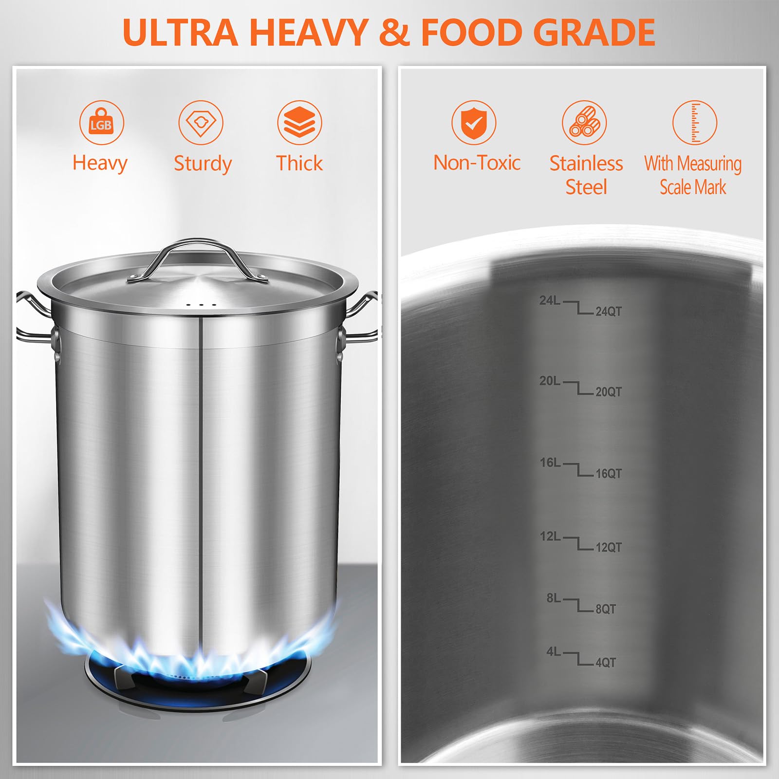 24 Quart Stainless Steel Stock Pot with Lid - Heavy Duty Large Cooking Pot for Soup, Stew, Pozole & More - Induction Compatible Big Pot for Home & Commercial Kitchens - Perfect for Family Meals, Meal Prep & Catering