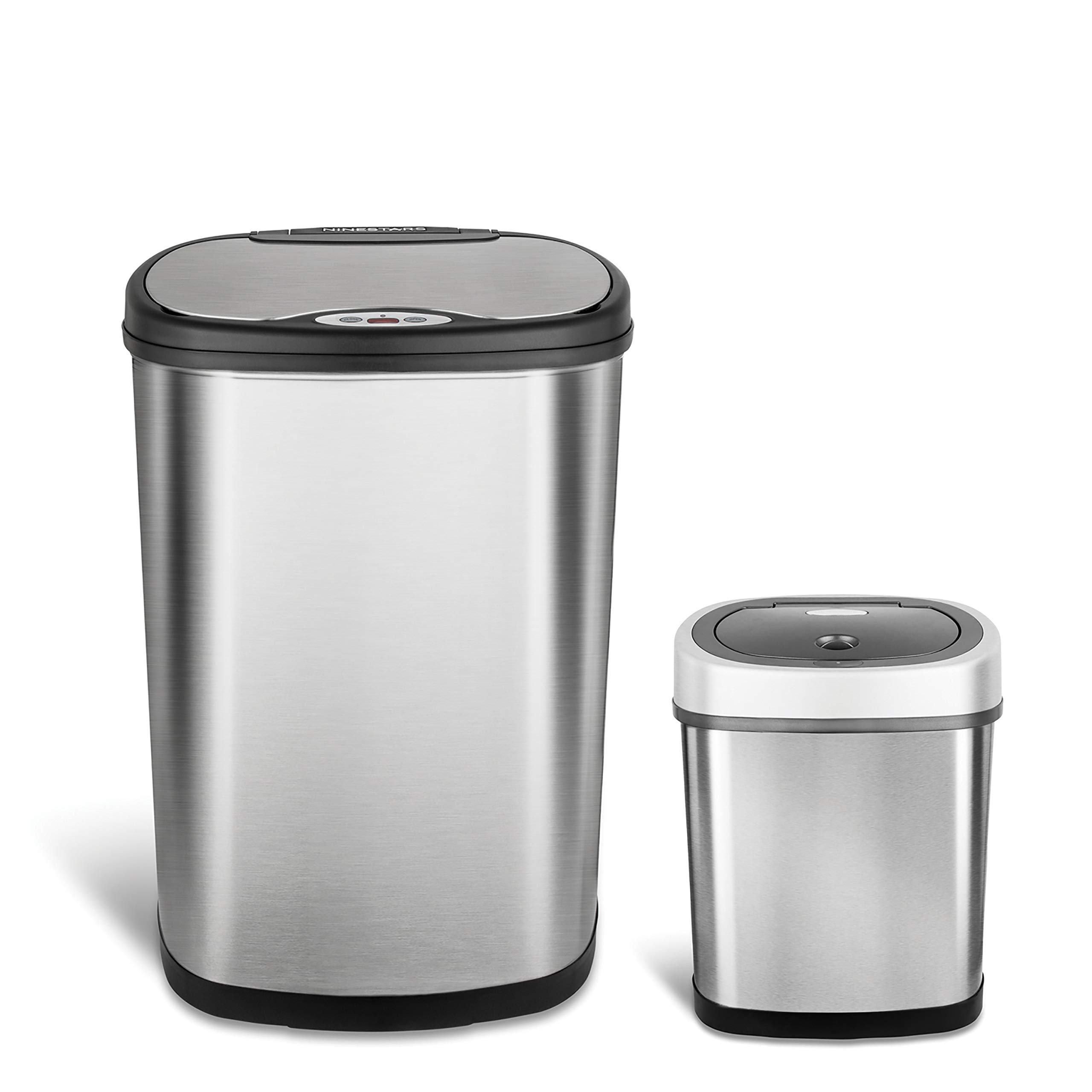 NINESTARS Automatic Touchless Infrared Motion Sensor Trash Can Combo Set - 13 Gal (50L) & 3 Gal (12L) Stainless Steel Base with Silver/Black Lid, Oval Shape - Perfect for Kitchen, Bathroom, Office & Home Use
