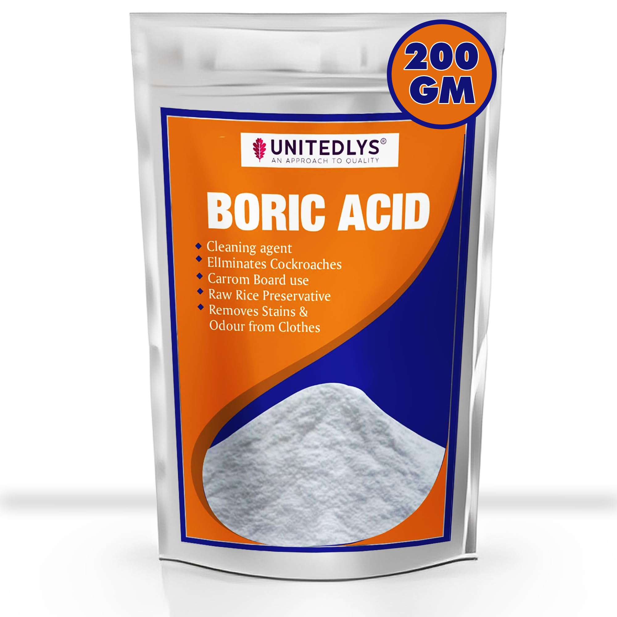 Unitedlys 100% Pure Boric Acid Powder 200G - Multi-Purpose Insecticide for Cockroaches, Ants & Pests | Natural Carrom Powder Alternative | Rice Preservation Solution | Ideal for Home, Kitchen & Garden Use