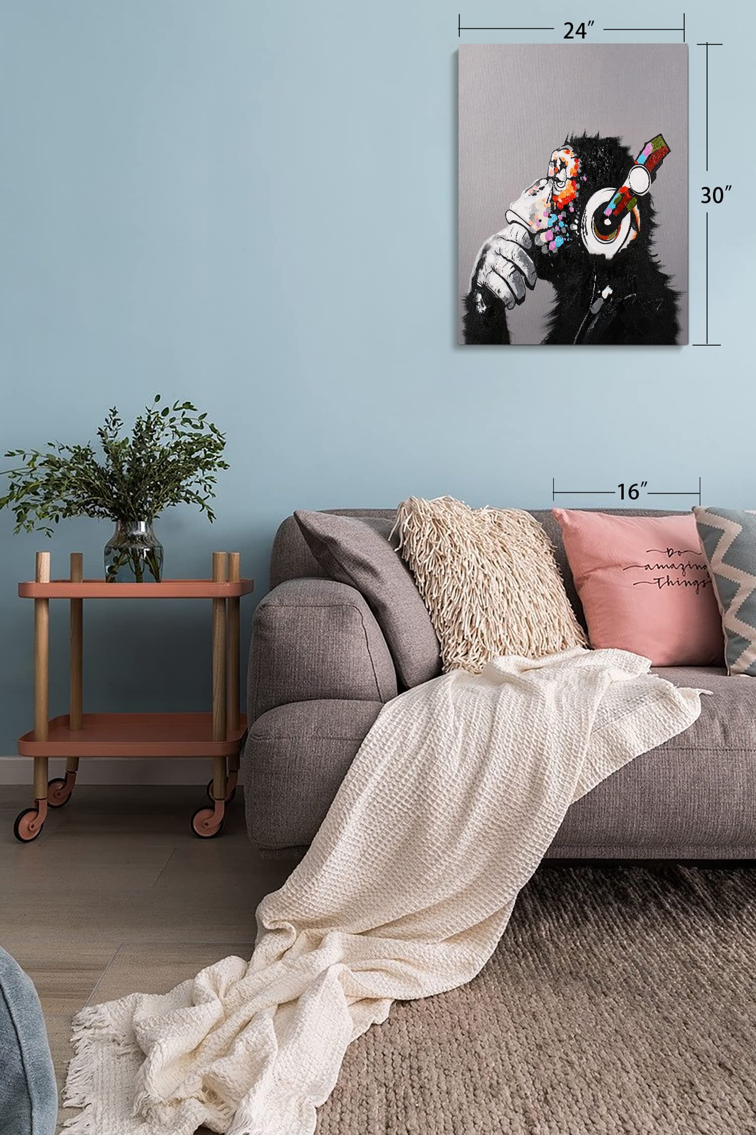 Modern Pop Art Framed Canvas Print - Thinking Monkey with Headphones Wall Art for Home & Office Decor, 14x18 Inches - Perfect for Living Room, Bedroom or Creative Workspace