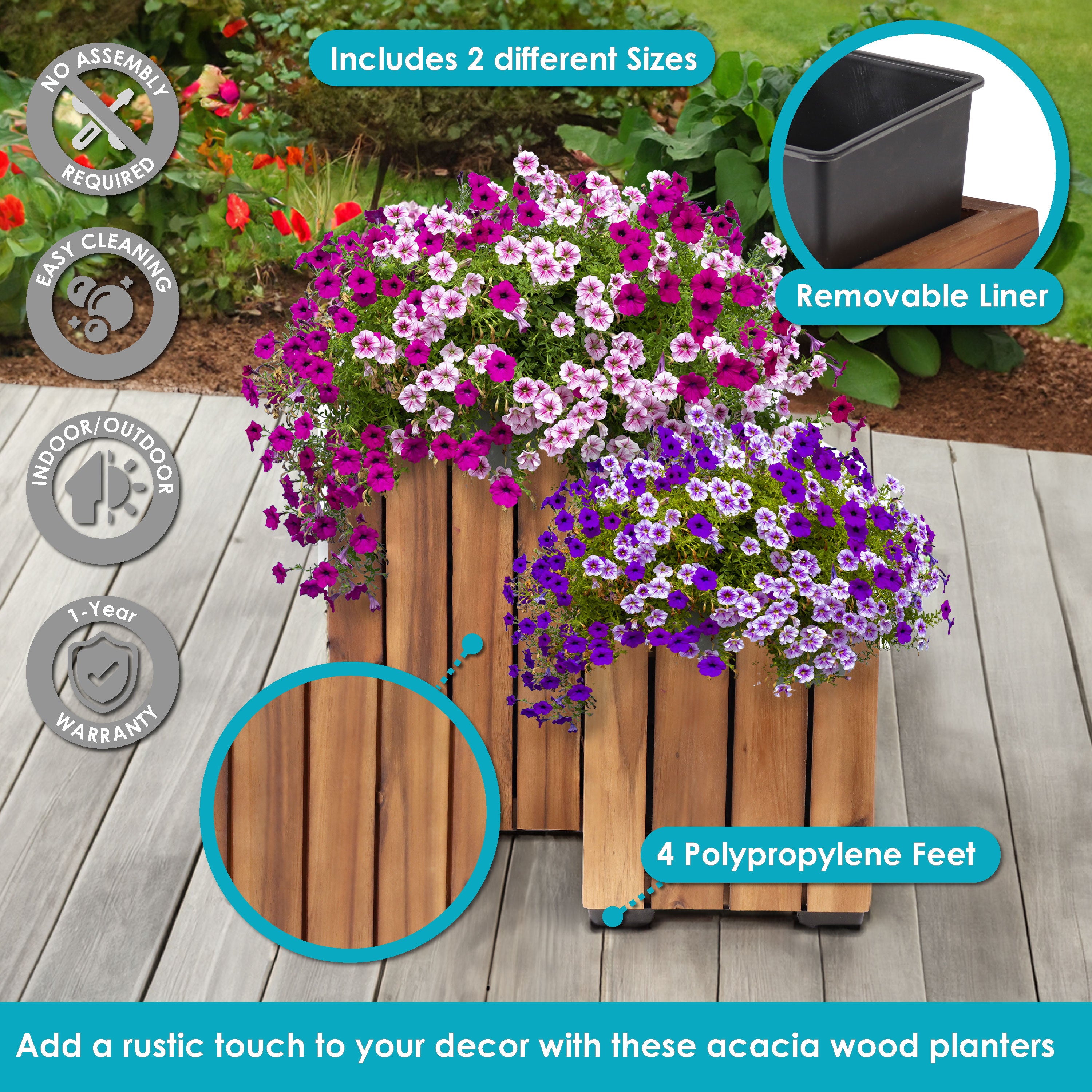 Sunnydaze 2-Piece Wooden Planter Box Set with Vertical Planks - Outdoor Garden Decor for Flowers, Herbs & Plants - Perfect for Patio, Balcony & Backyard Gardening
