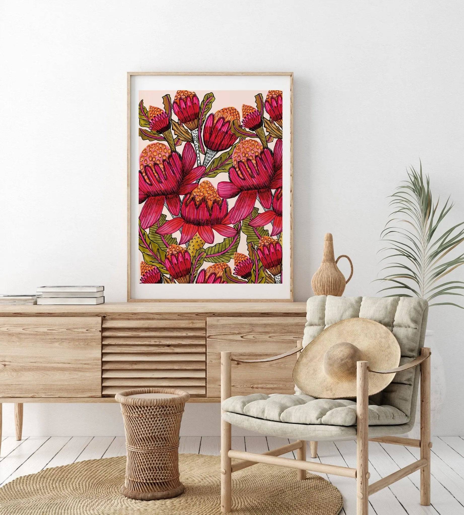 Waratahs Wall Art Print - Australian Native Flower Canvas Painting - Perfect for Home Decor, Living Room, Bedroom & Office