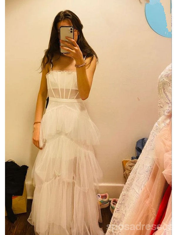 Elegant White A-Line Spaghetti Strap Maxi Long Party Prom Evening Dress 13461 | Formal Gown for Homecoming, Wedding, Ball, and Special Occasions