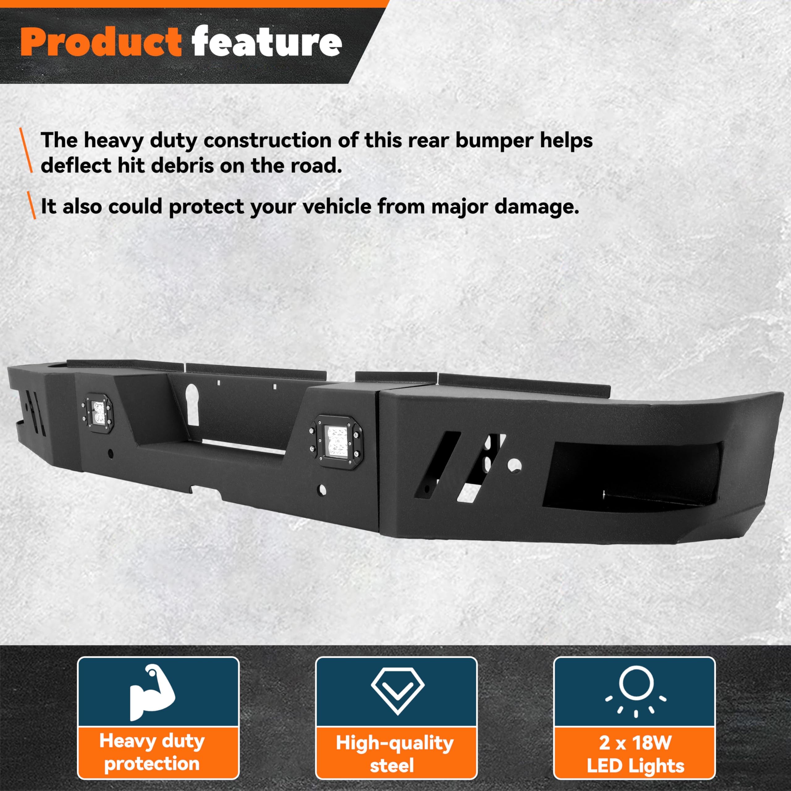 KUAFU Heavy Duty Rear Step Bumper with 2x18W LED Lights | Compatible with 2010-2024 Dodge Ram 2500/3500 | Steel Bumper Guard for Off-Roading & Truck Protection