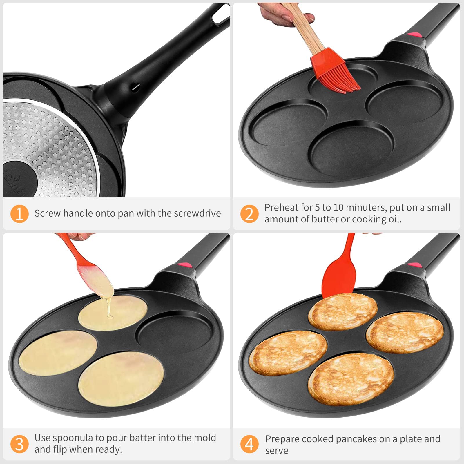 **10.5 Inch Nonstick Pancake Pan - Silver Dollar Grill Blini Griddle Crepe Pan for All Stovetops & Induction, 4 Molds Cake Egg Skillet, PFOA-Free Coating - Perfect for Breakfast, Brunch & Family Cooking**
