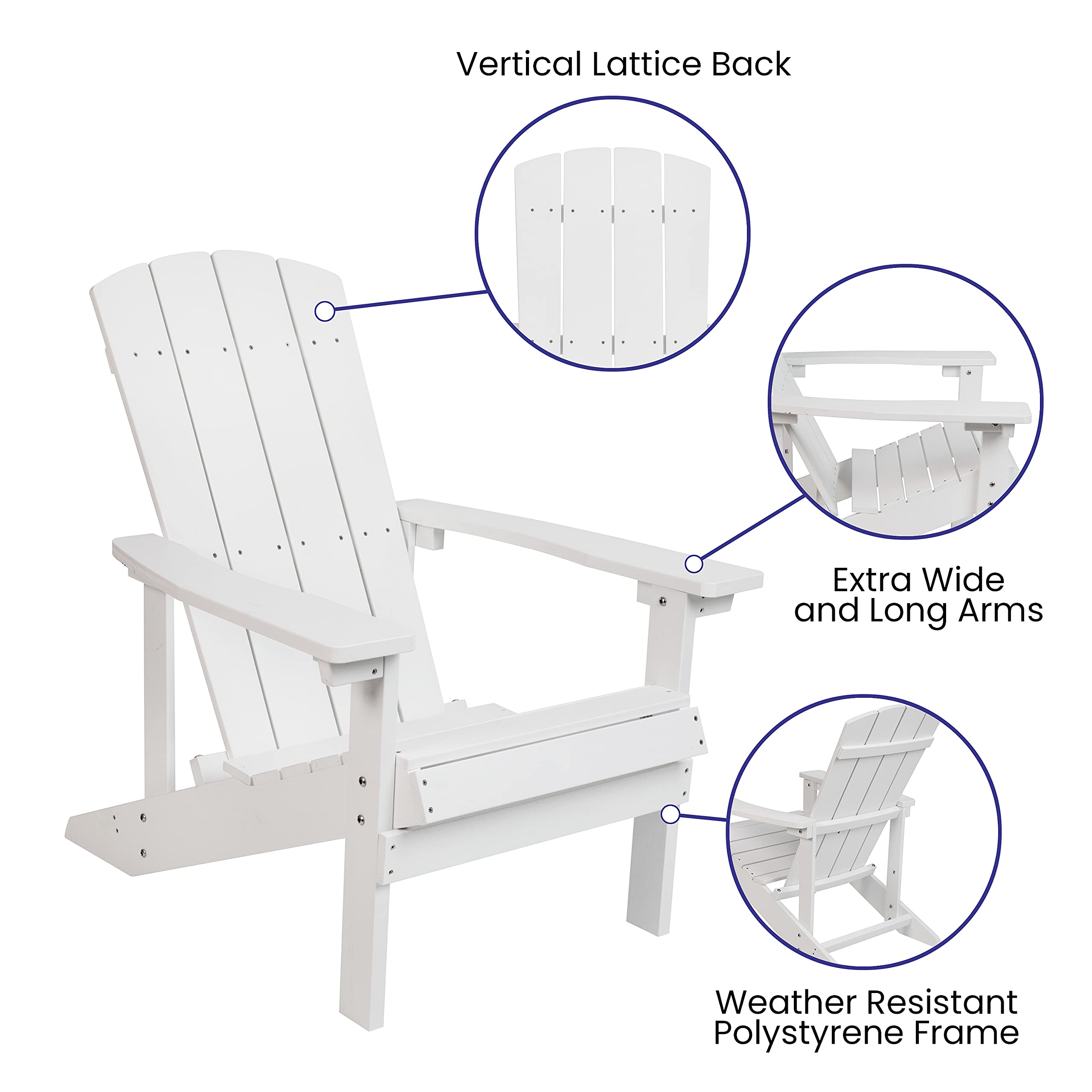 Flash Furniture Charlestown Commercial Grade Indoor/Outdoor Adirondack Chair - Weather Resistant Durable Poly Resin Deck & Patio Seating in White - Perfect for Backyard, Garden, Poolside & Beach Relaxation
