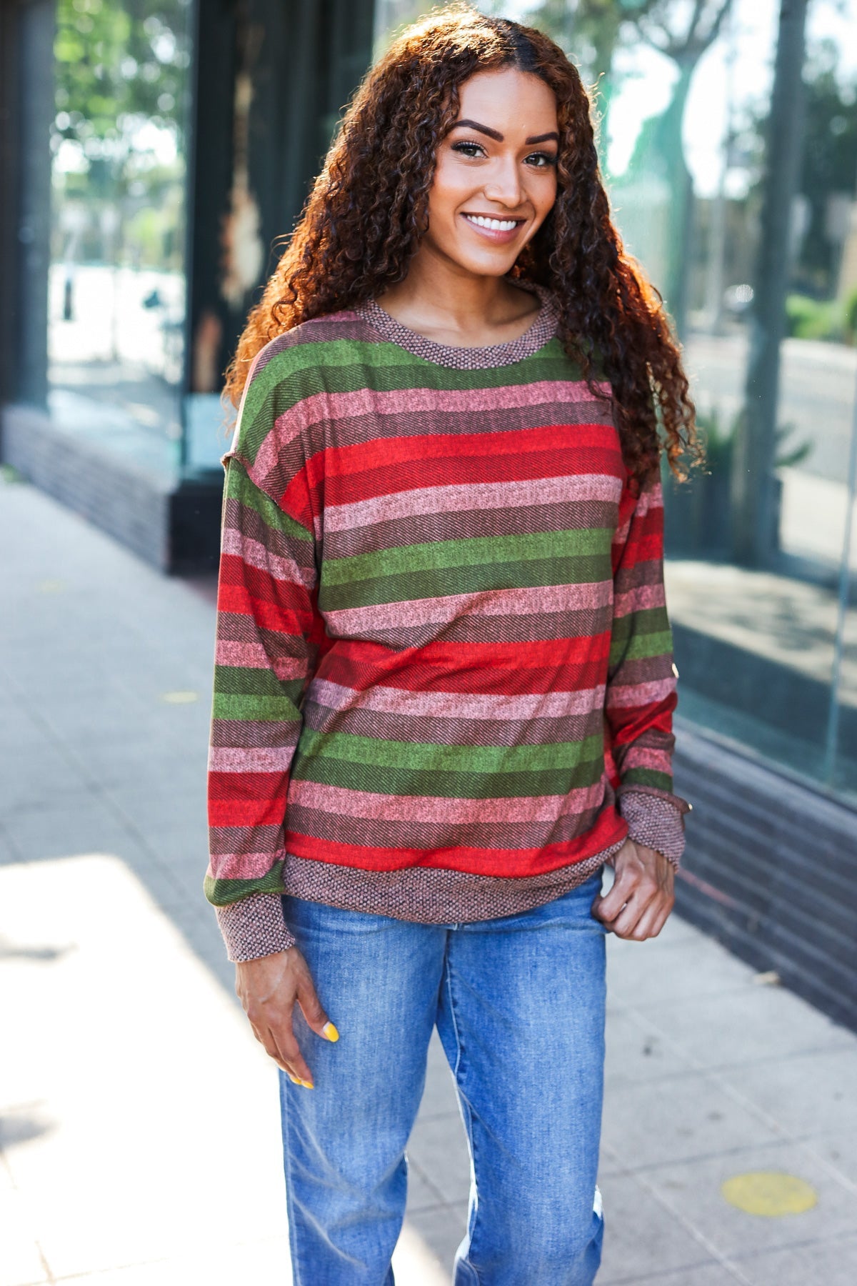 Stylish Olive & Mauve Striped Two-Tone Banded Sweater Top for Women | Casual Fall Fashion | Perfect for Office Wear & Weekend Outfits