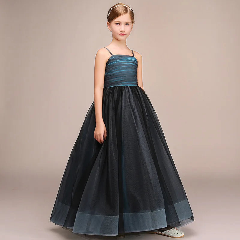 Elegant Tulle Spaghetti Strap Flower Girl Dress - Long Princess Gown for Weddings, Parties & Special Occasions | Perfect for Flower Girls, Pageants & Formal Events