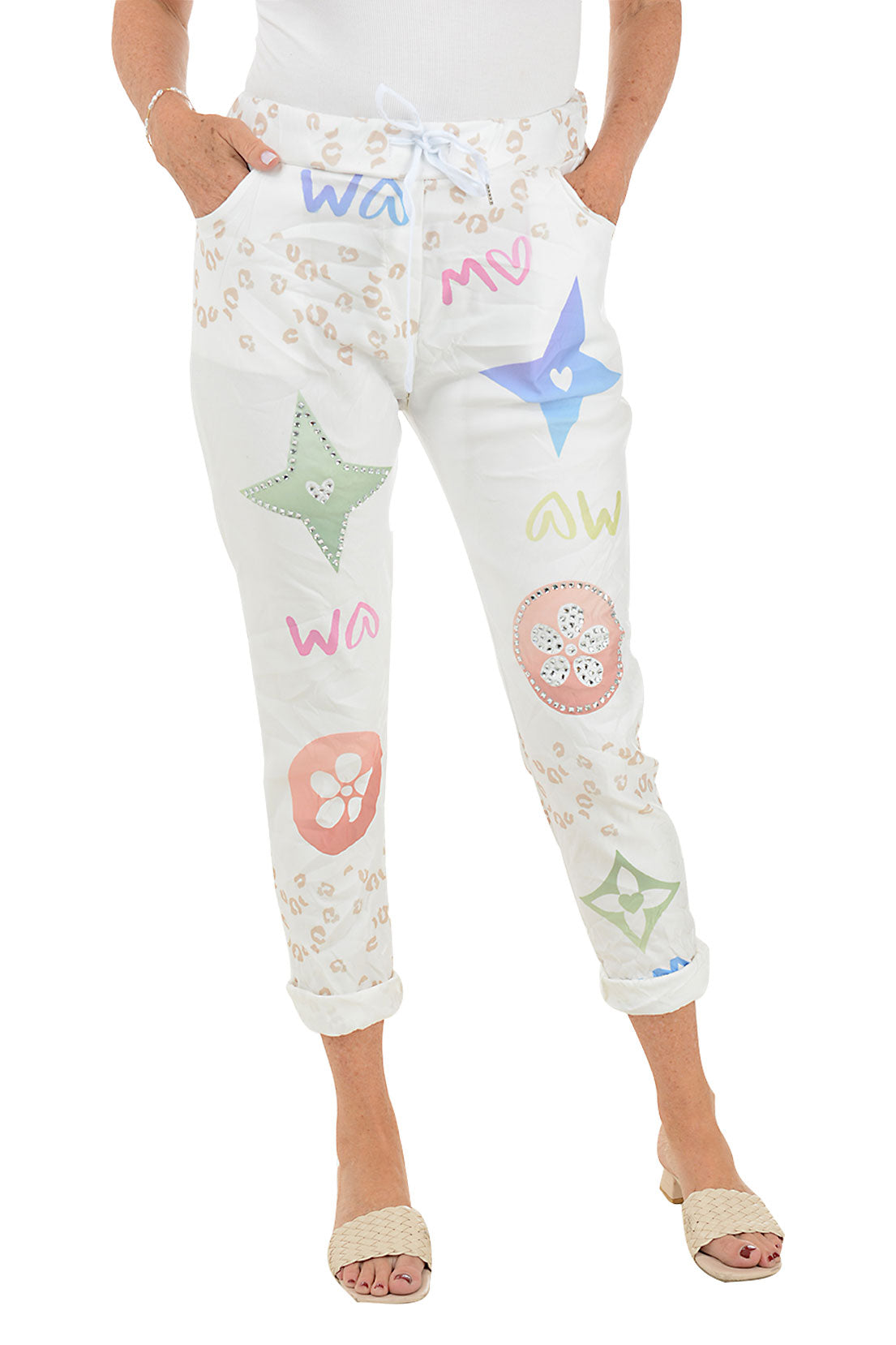 Stylish Beige Colorful Logo Jeggings for Women - Comfortable Stretch Denim Leggings for Casual Wear, Workout & Everyday Outfits