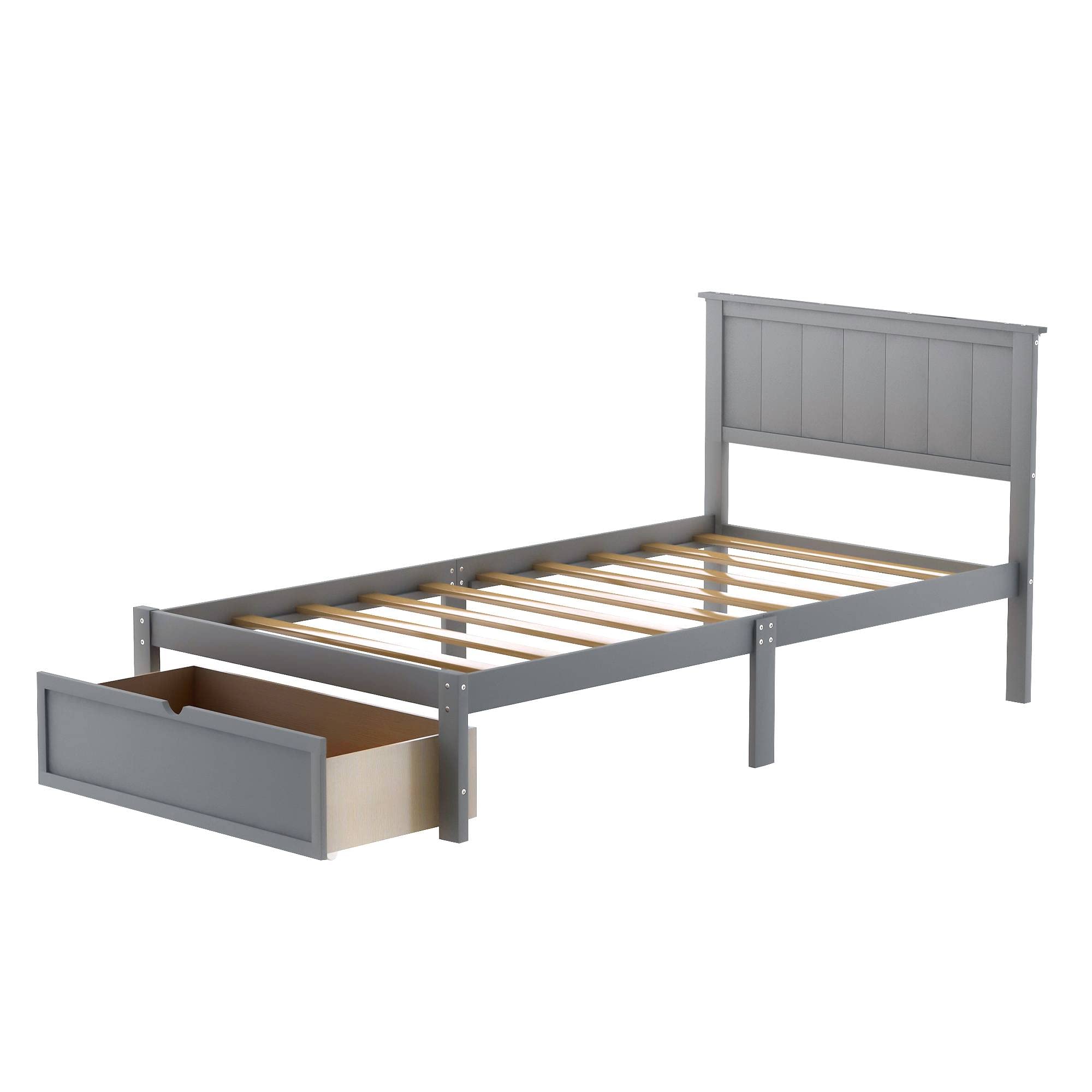 Twin Size Platform Bed Frame with Under-Bed Storage Drawer, Modern Gray Wooden Bed - Perfect for Small Bedrooms, Guest Rooms & Dormitories