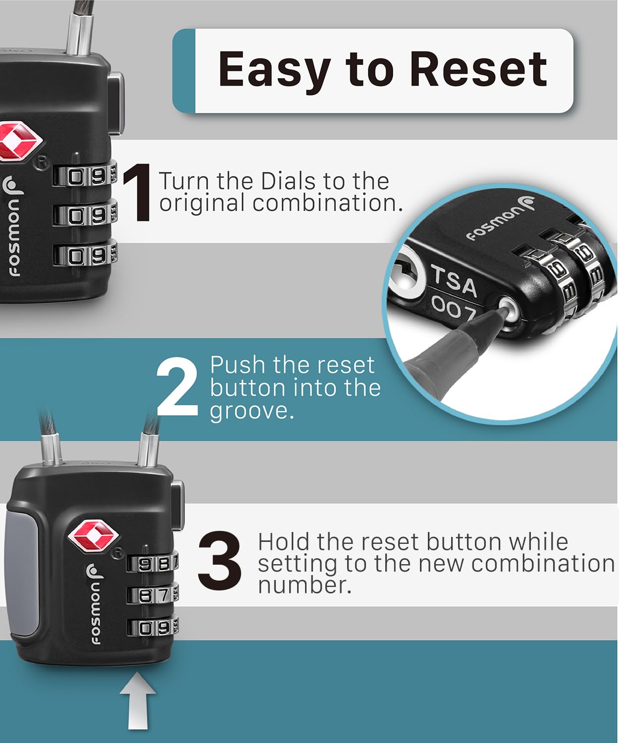 Fosmon TSA Approved 3-Digit Combination Cable Locks for Luggage, Suitcases, Backpacks & Gun Cases - Secure Push-Release Wire Lock with Long Shackle | Travel, Gym & Storage Protection