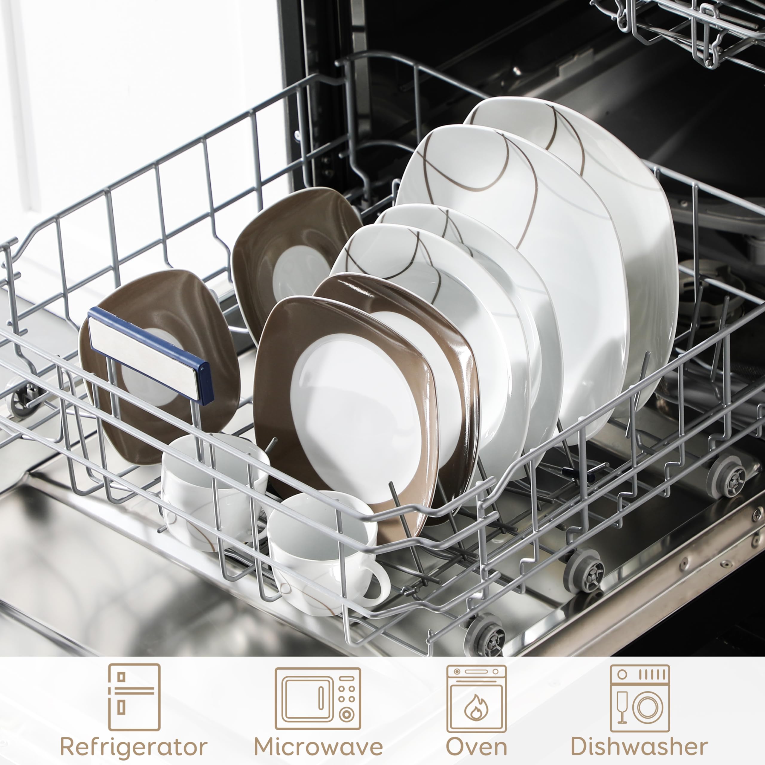 VEWEET Nikita 30-Piece Porcelain Dinnerware Set - White with Brown Lines - 6-Person Table Setting (Plates, Cups & Saucers) - Elegant Tableware for Dinner Parties, Family Meals & Restaurant Use