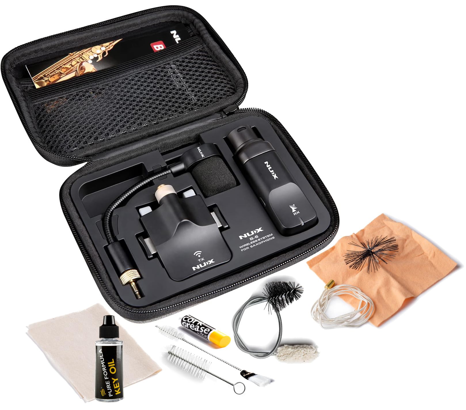 NUX B-6 Wireless Saxophone Microphone System - 2.4GHz High-Resolution Sax Mic with Charging Case & Tonebird Sax Care Bundle | Perfect for Live Performances, Studio Recording & Saxophone Maintenance