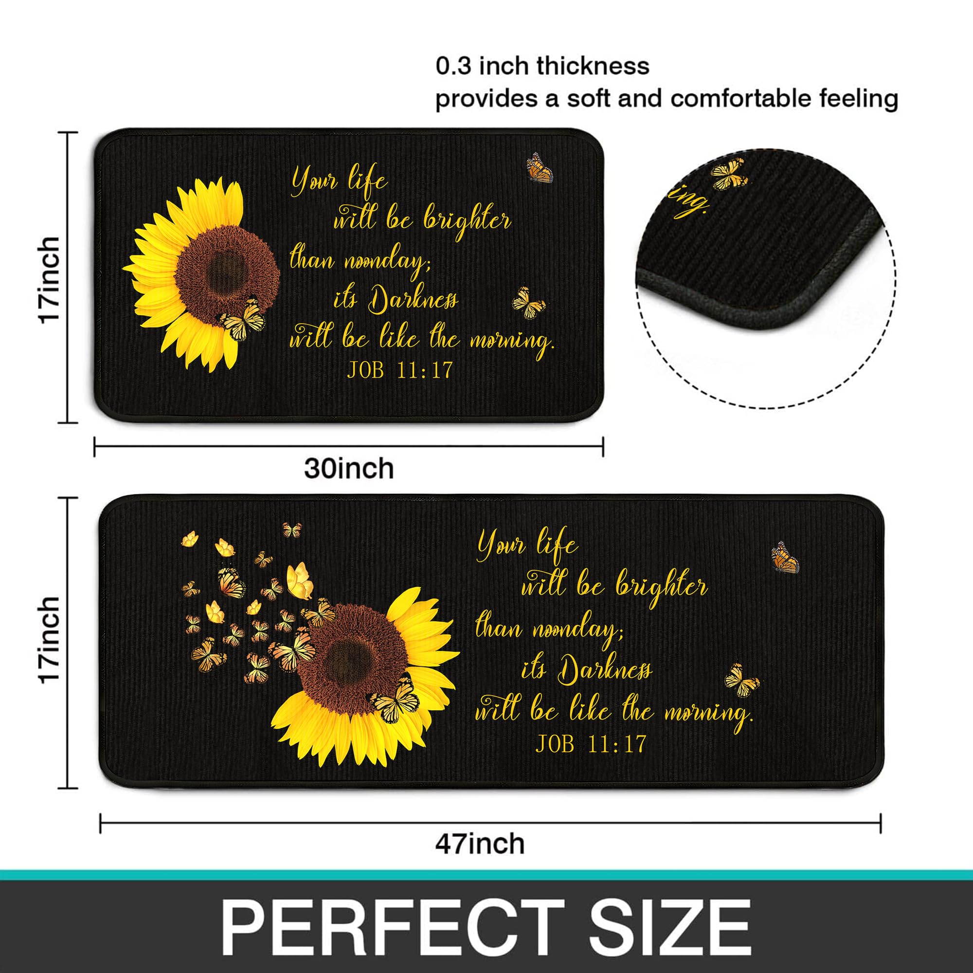 Sunflower Bible Verse Kitchen Rugs Set - Waterproof Washable Mats for Sink & Floor Decor