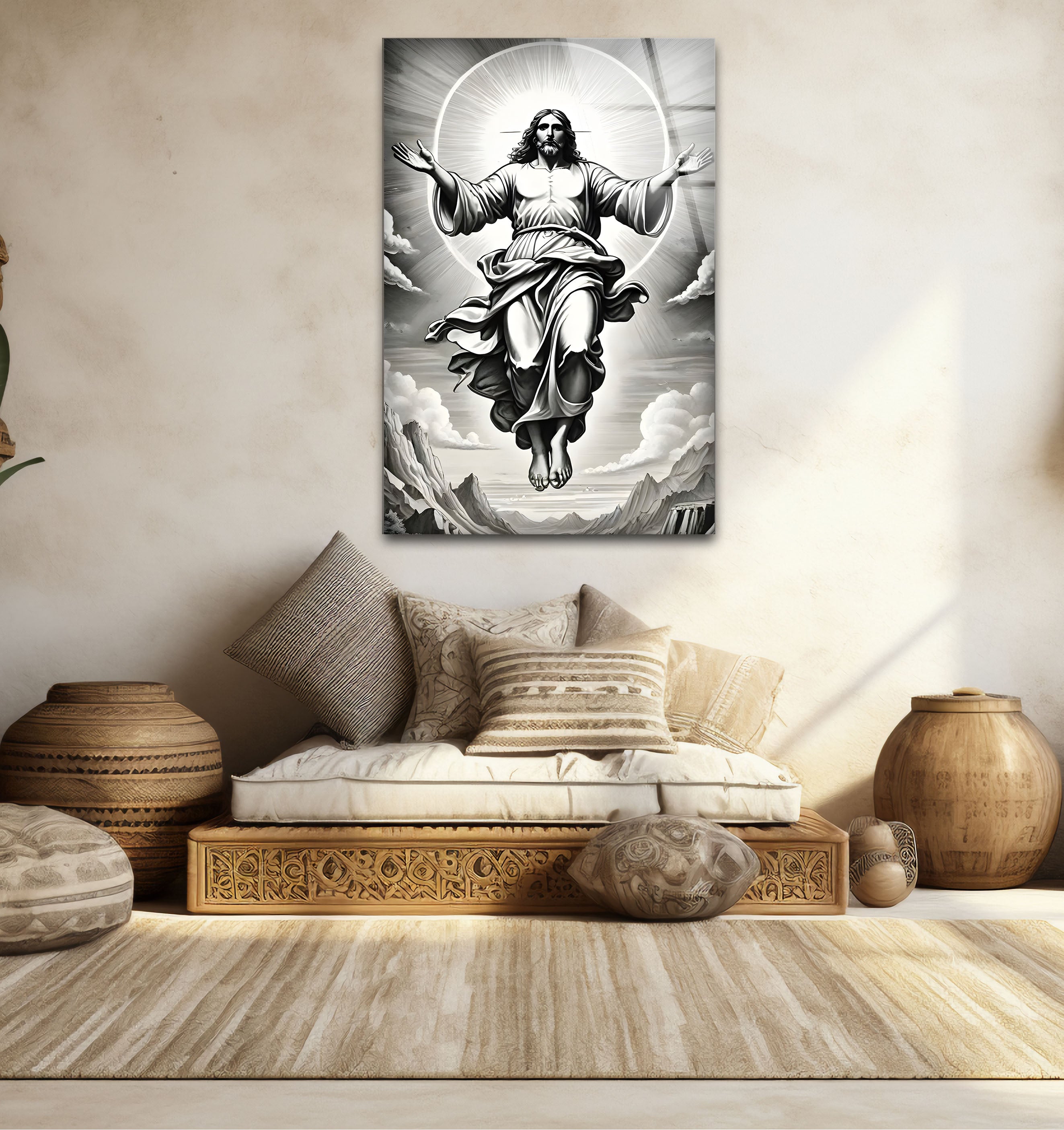 Black and White Jesus Christ Glass Wall Art - Religious Home Decor for Living Room, Bedroom & Church