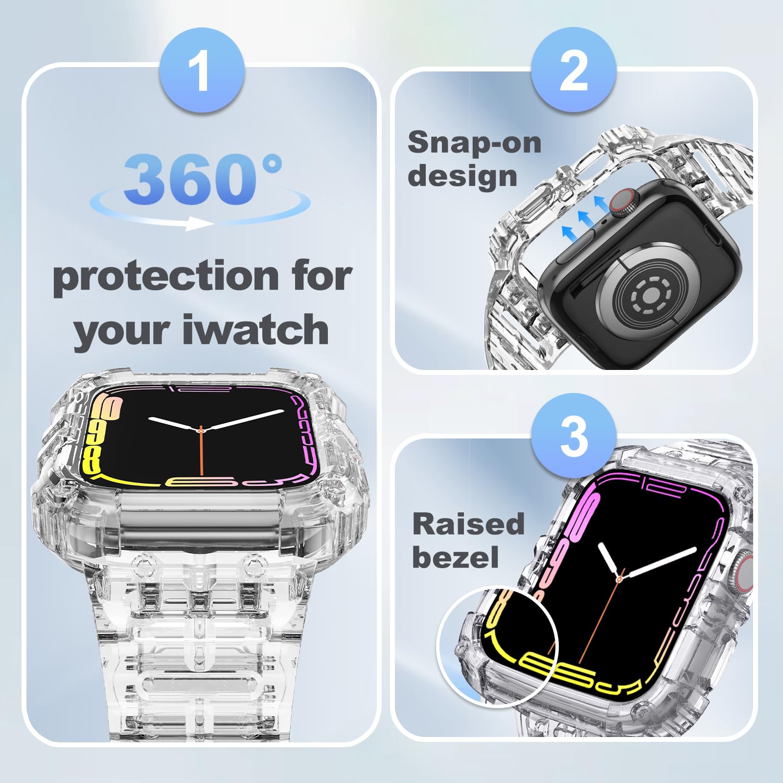 Clear Protective Case with Shockproof Strap - Compatible with Apple Watch Band 38mm 40mm 41mm 42mm 44mm 45mm for Series 8/7/6/5/4/3/2/1 - Perfect for Sports, Workouts & Everyday Wear