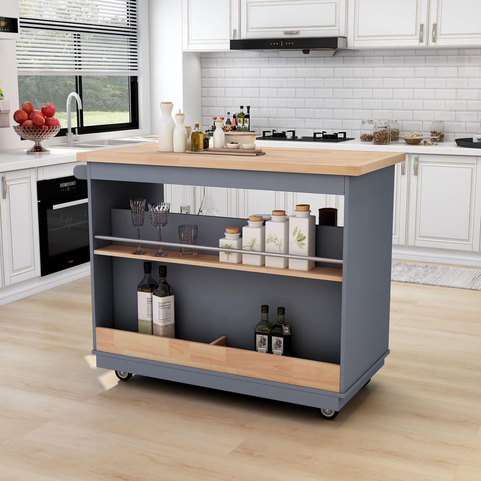 3-Tier Rolling Kitchen Island Cart with Solid Wood Top, 2 Drawers & Towel Rack - Multifunctional Mobile Kitchen Storage Cabinet for Small Spaces - Easy Assembly (Grey Blue) - Perfect for Apartments, Dorms & Compact Kitchens
