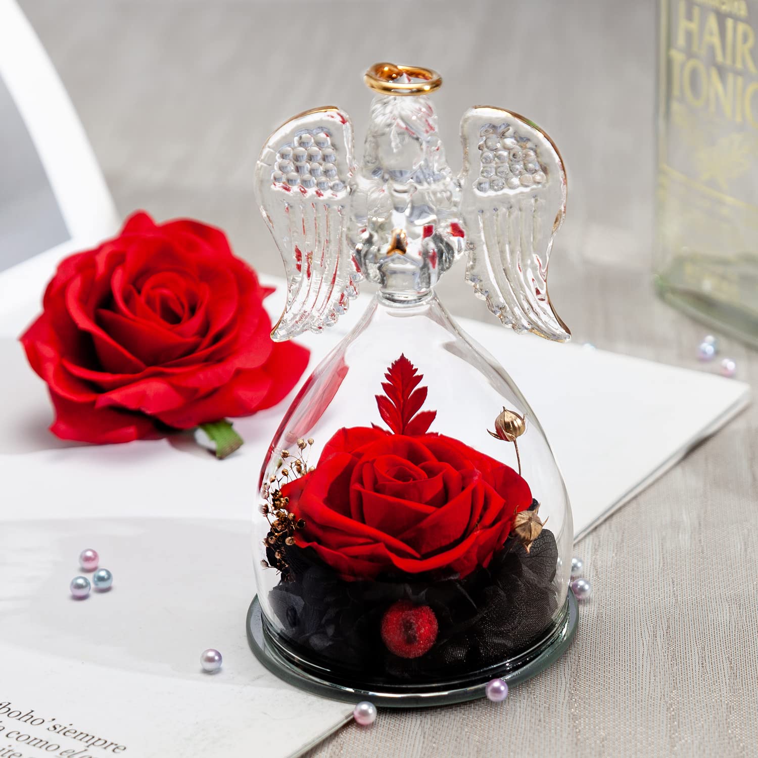 Eternal Preserved Rose in Glass Angel Figurine - Romantic Gift for Women, Mom & Grandma | Birthday, Wedding, Christmas, Thanksgiving Present | Perfect for Home Decor, Anniversary Keepsake & Special Occasion Surprise