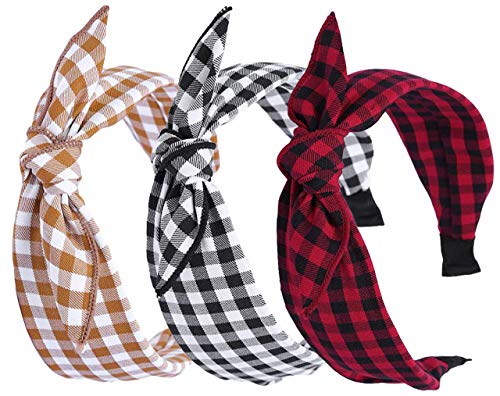 3 Pack Women's Vintage Plaid Headbands with Bow - Soft Stretch Headwraps & Hair Accessories for Women & Girls - Perfect for School, Work, Parties & Everyday Style